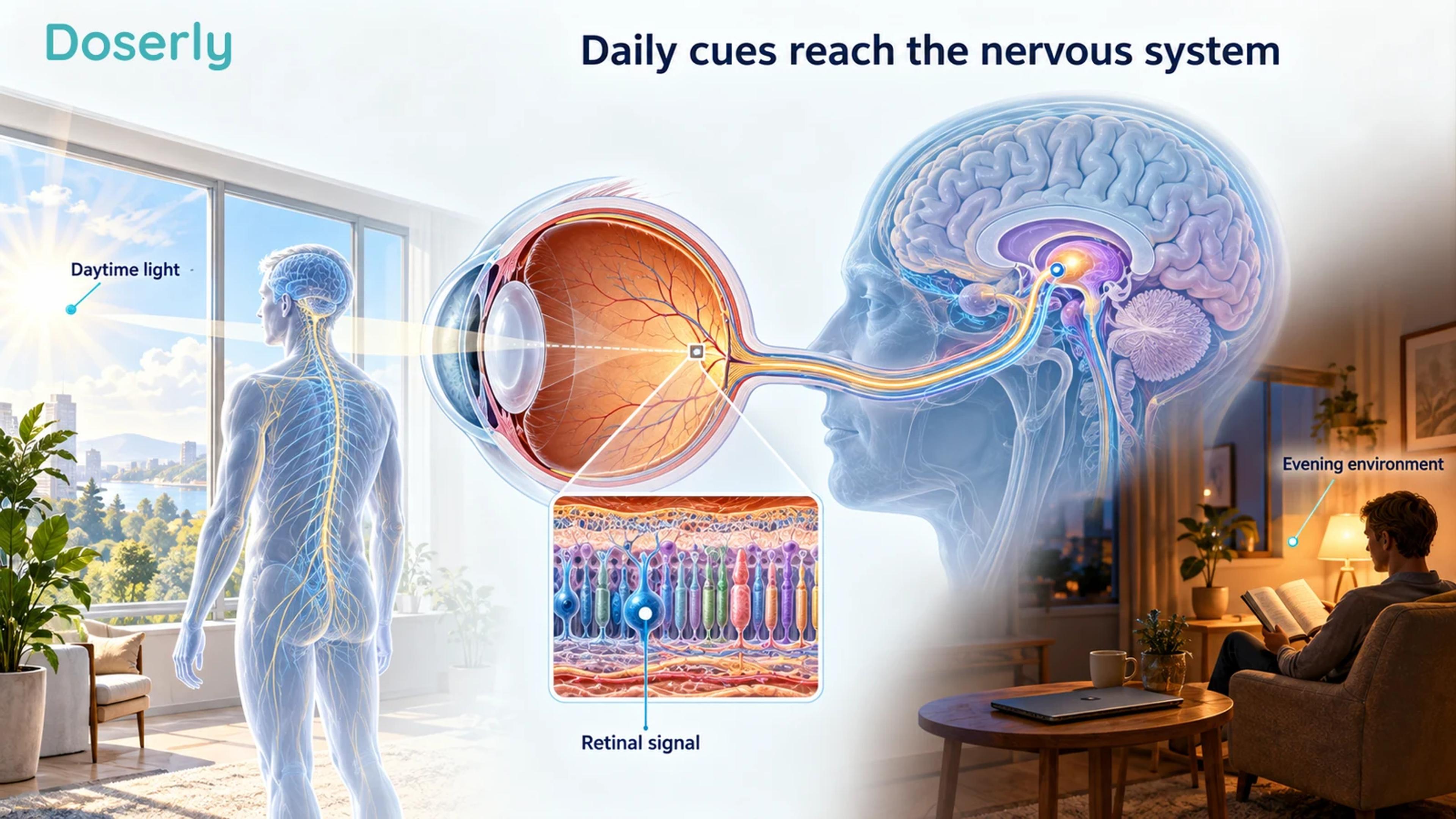Daytime and evening environments flank conceptual eye and brain anatomy showing how light information reaches the nervous system.