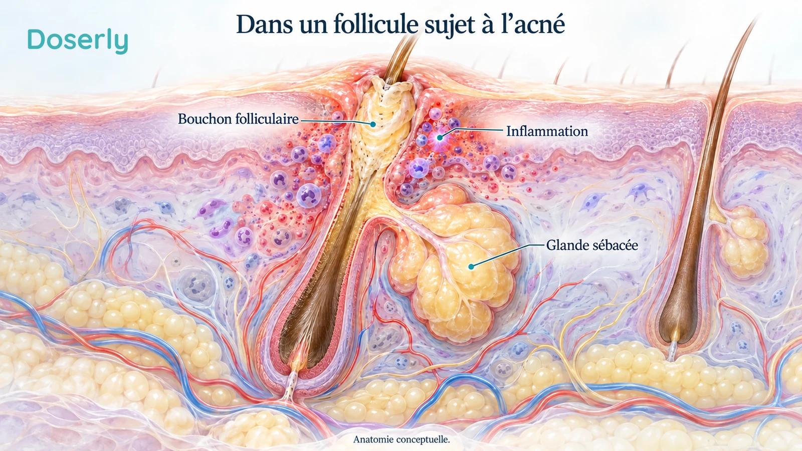 Une coupe détaillée de la peau montre un bouchon folliculaire, une glande sébacée et de l’inflammation autour d’un follicule sujet à l’acné.