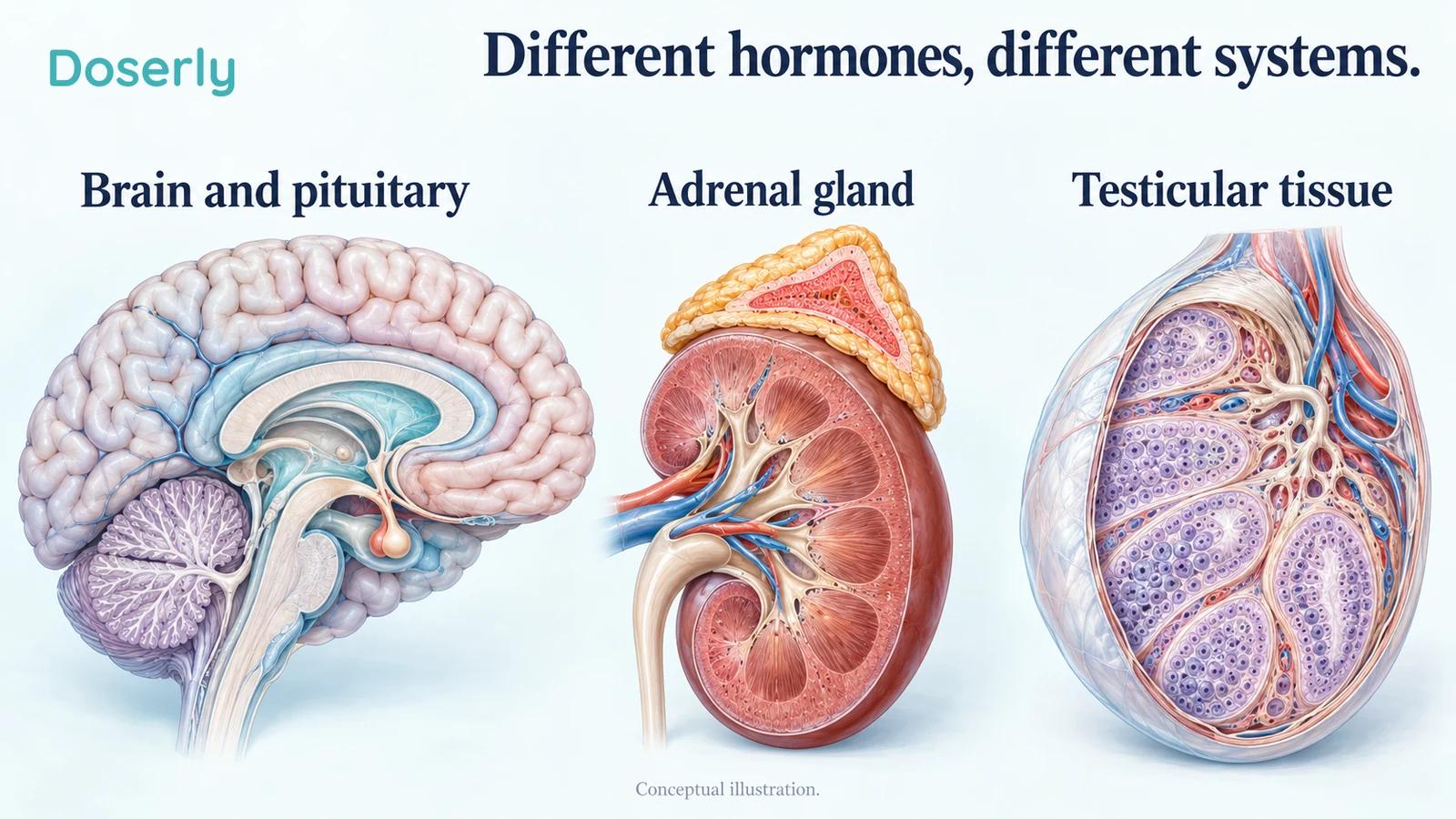 Conceptual isolated organ views show the brain and pituitary, an adrenal gland above a kidney and testicular tissue.