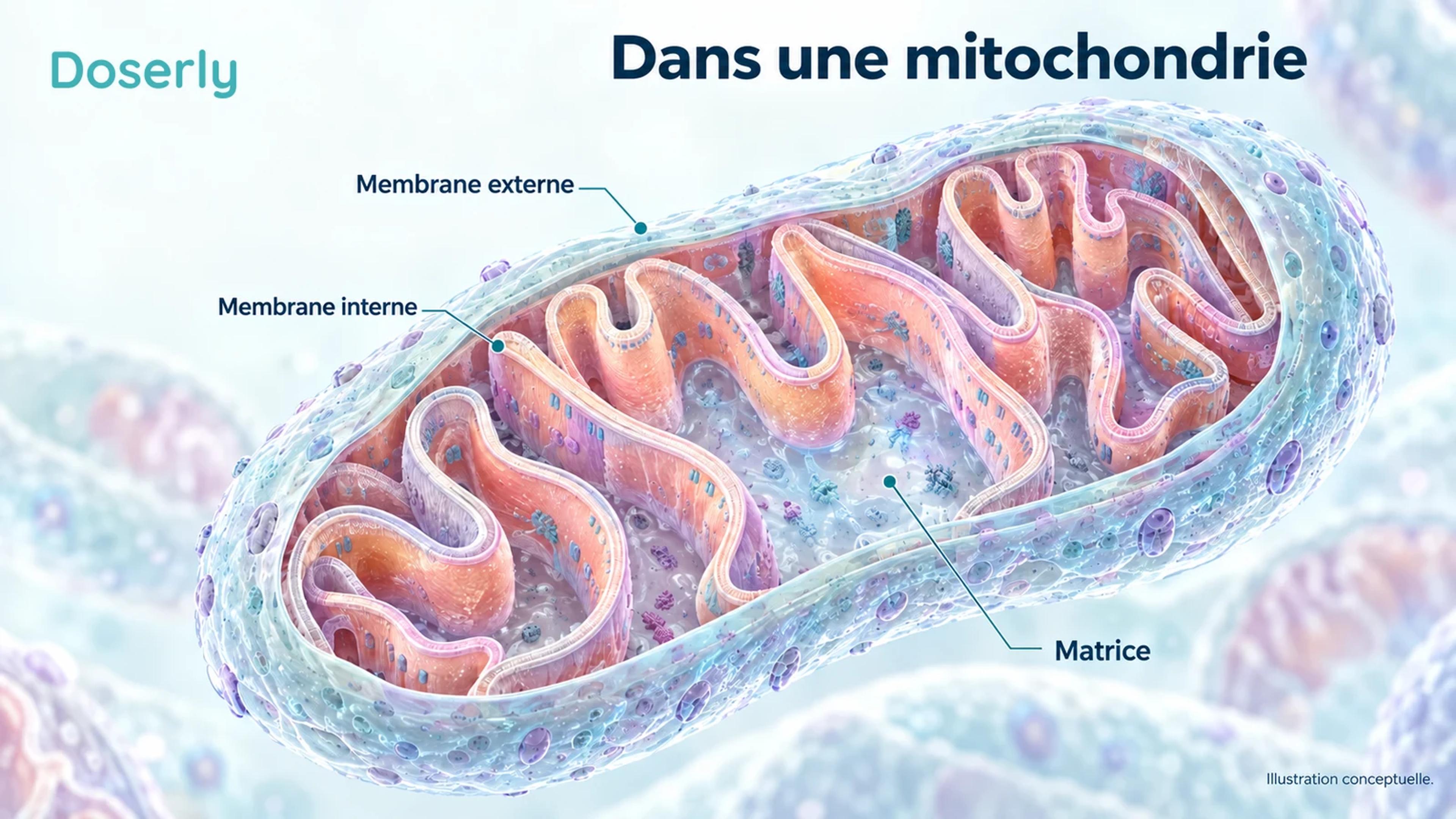 Représentation conceptuelle détaillée d’une mitochondrie avec sa membrane externe, sa membrane interne repliée et sa matrice interne.