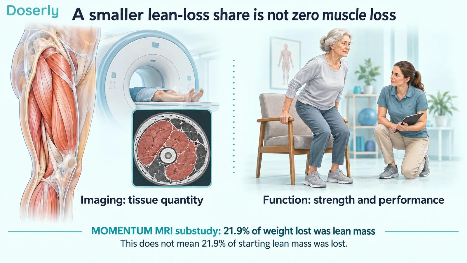 MRI tissue assessment beside an illustrated chair-rise assessment, showing quantity and function as separate outcomes.