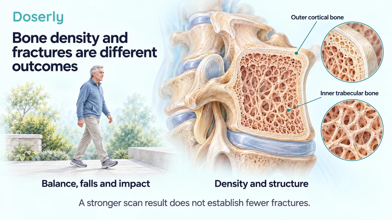 A detailed vertebral cutaway showing cortical and trabecular bone beside an older adult walking near a step.