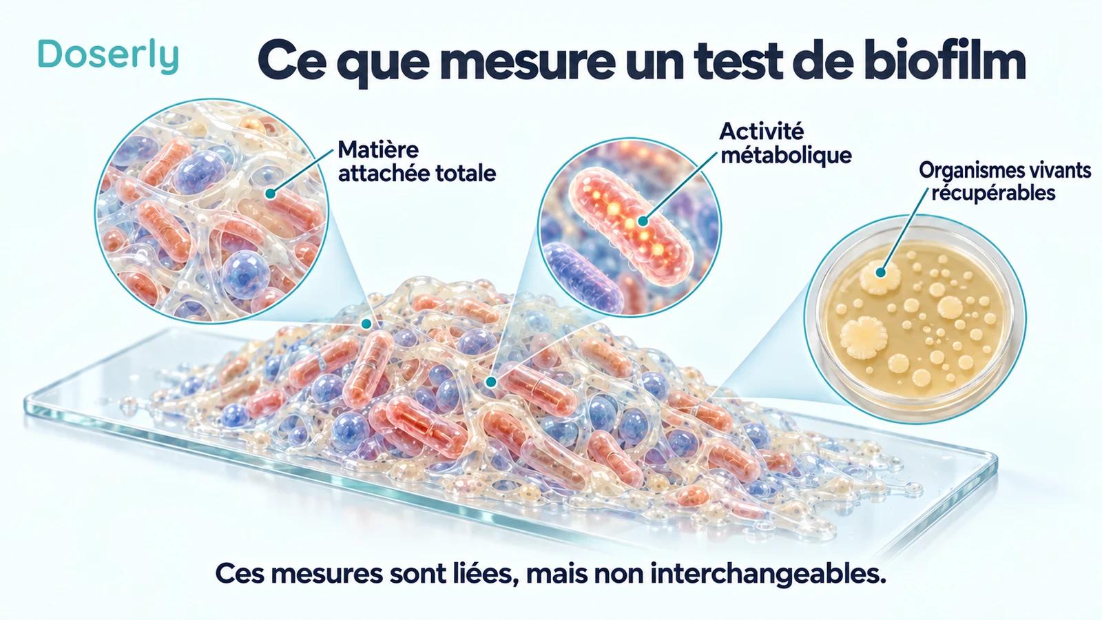 Un biofilm de laboratoire est agrandi pour distinguer la matière attachée, l’activité métabolique et les organismes vivants récupérables.