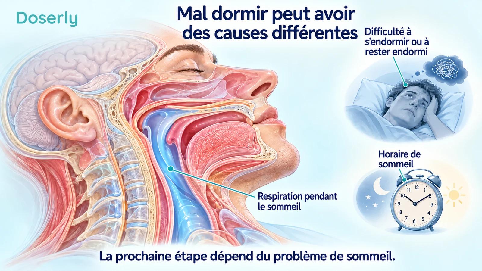 Illustration détaillée en coupe de la tête et des voies respiratoires supérieures, à côté d’une petite vignette d’une personne éveillée et d’une horloge, représentant différents problèmes de sommeil.
