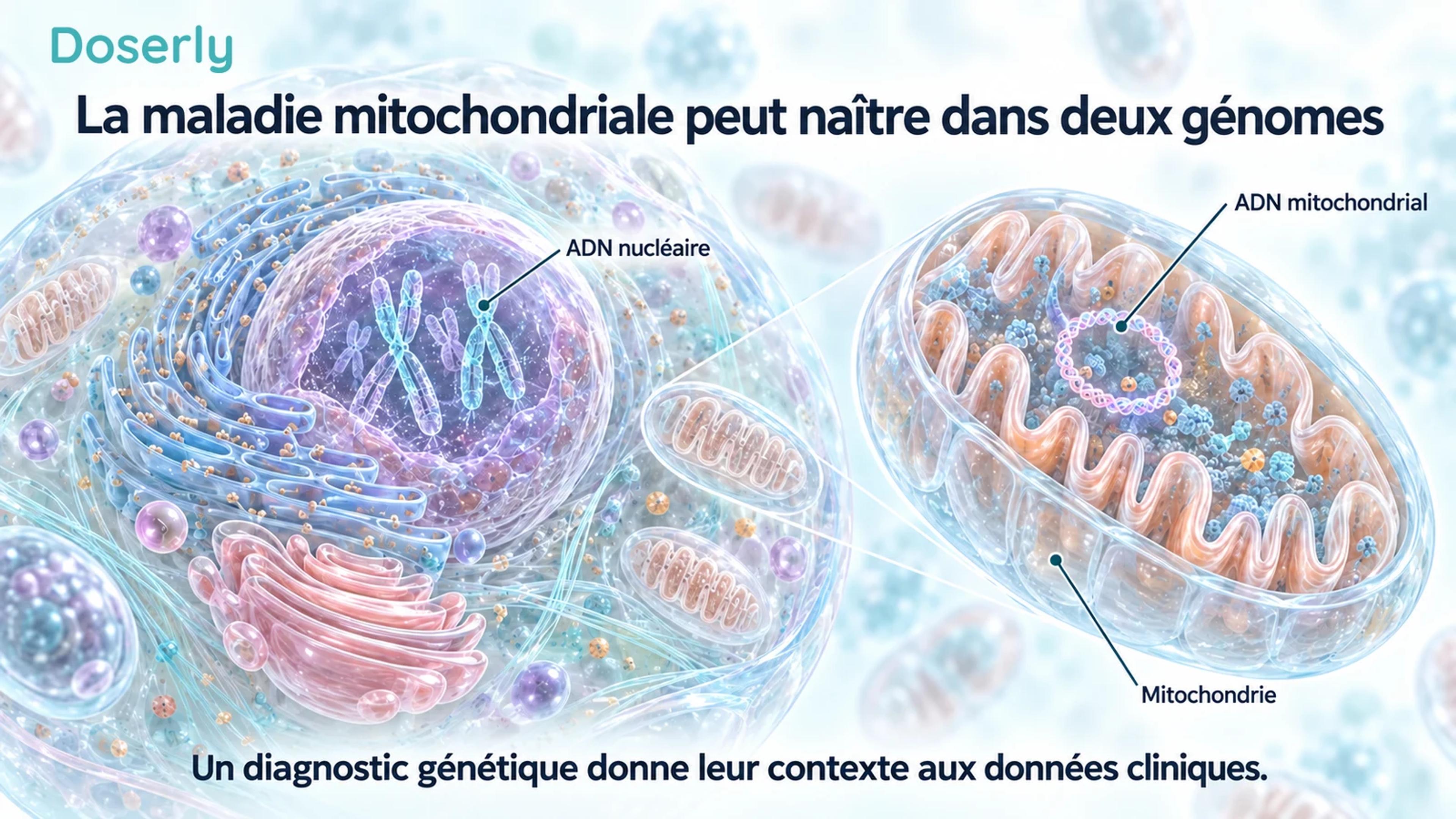 Illustration détaillée d’une cellule distinguant l’ADN nucléaire de l’ADN mitochondrial à l’intérieur d’une mitochondrie.