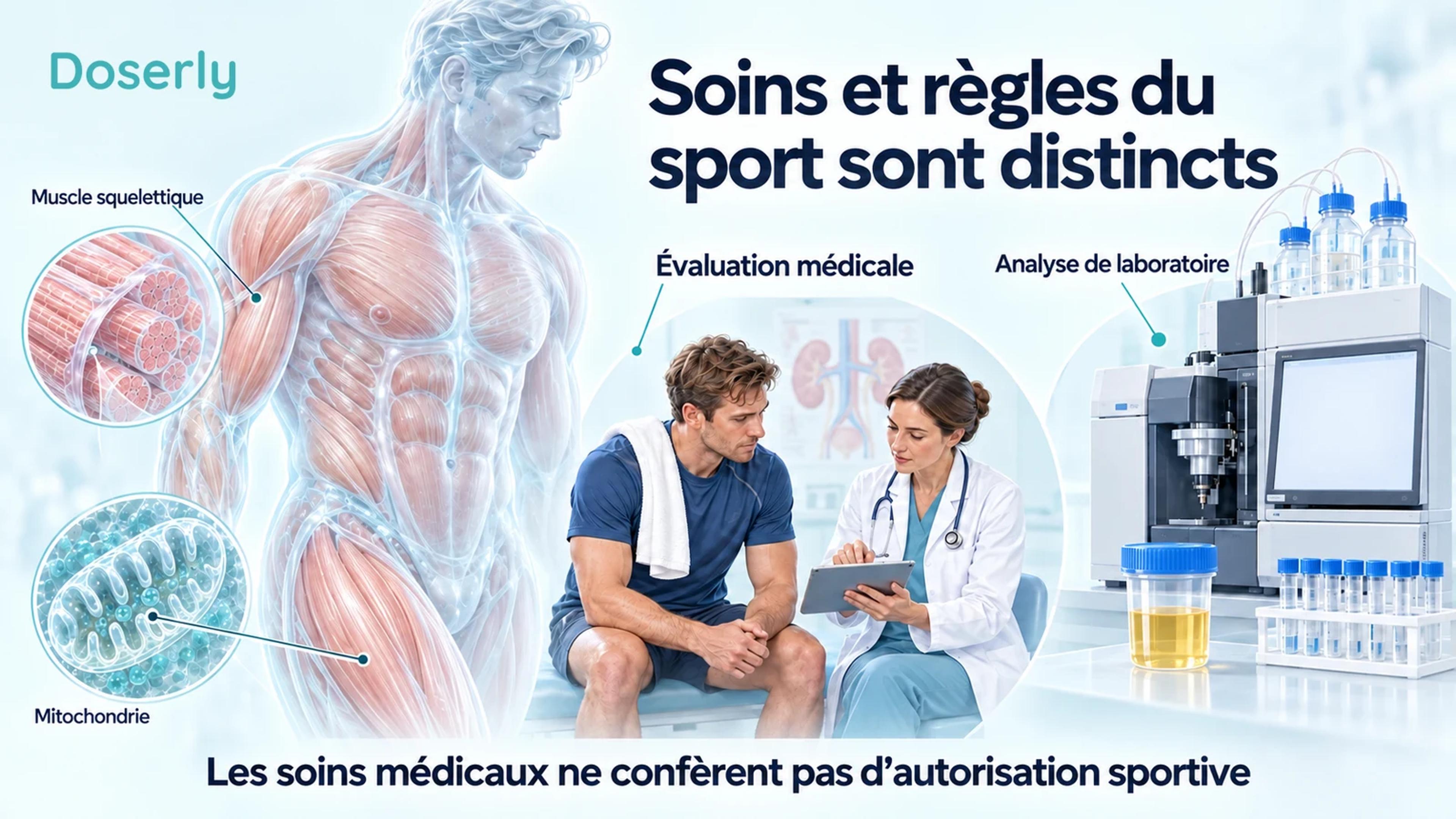 Un torse d’athlète translucide et des encadrés montrant les muscles côtoient une consultation clinique et un instrument de laboratoire à l’écran vide, distinguant l’évaluation médicale de l’autorisation sportive.