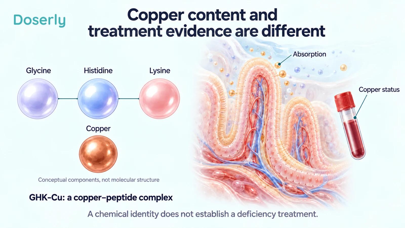 Conceptual glycine, histidine, lysine and copper components beside intestinal anatomy and a blood sample.