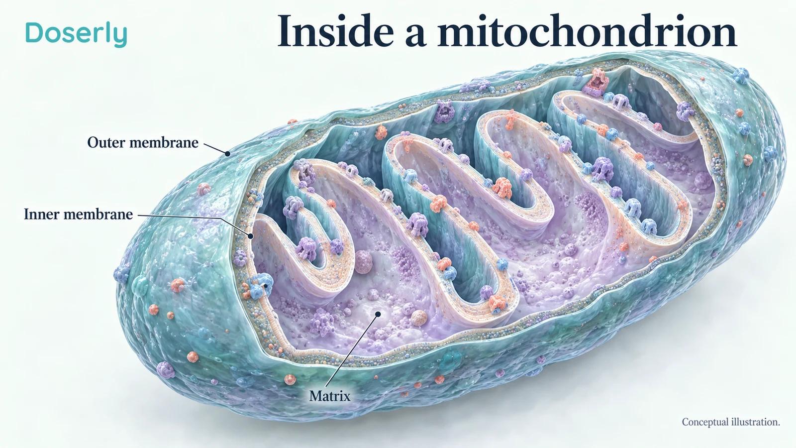 Conceptual mitochondrial anatomy distinguishes the outer membrane, folded inner membrane and matrix without depicting a treatment effect.