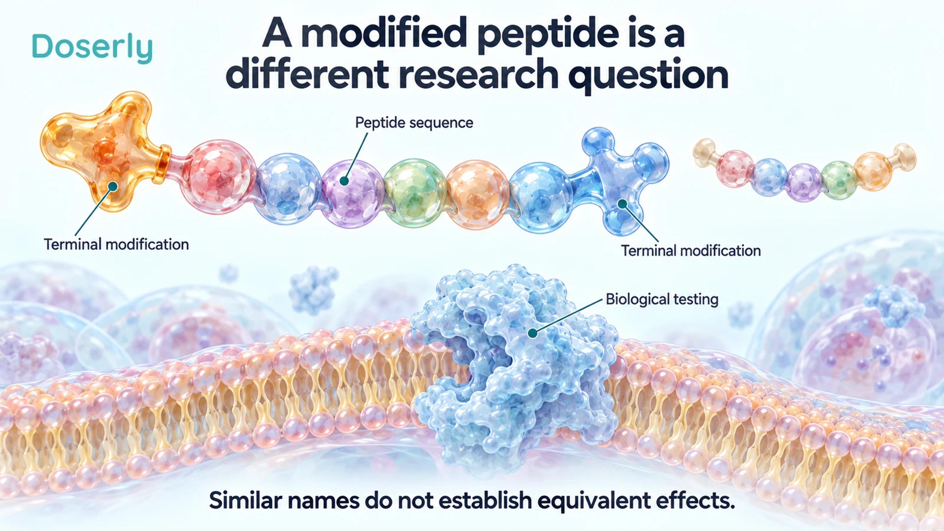 Conceptual peptide chains with terminal modifications above a detailed cell membrane and protein illustration.