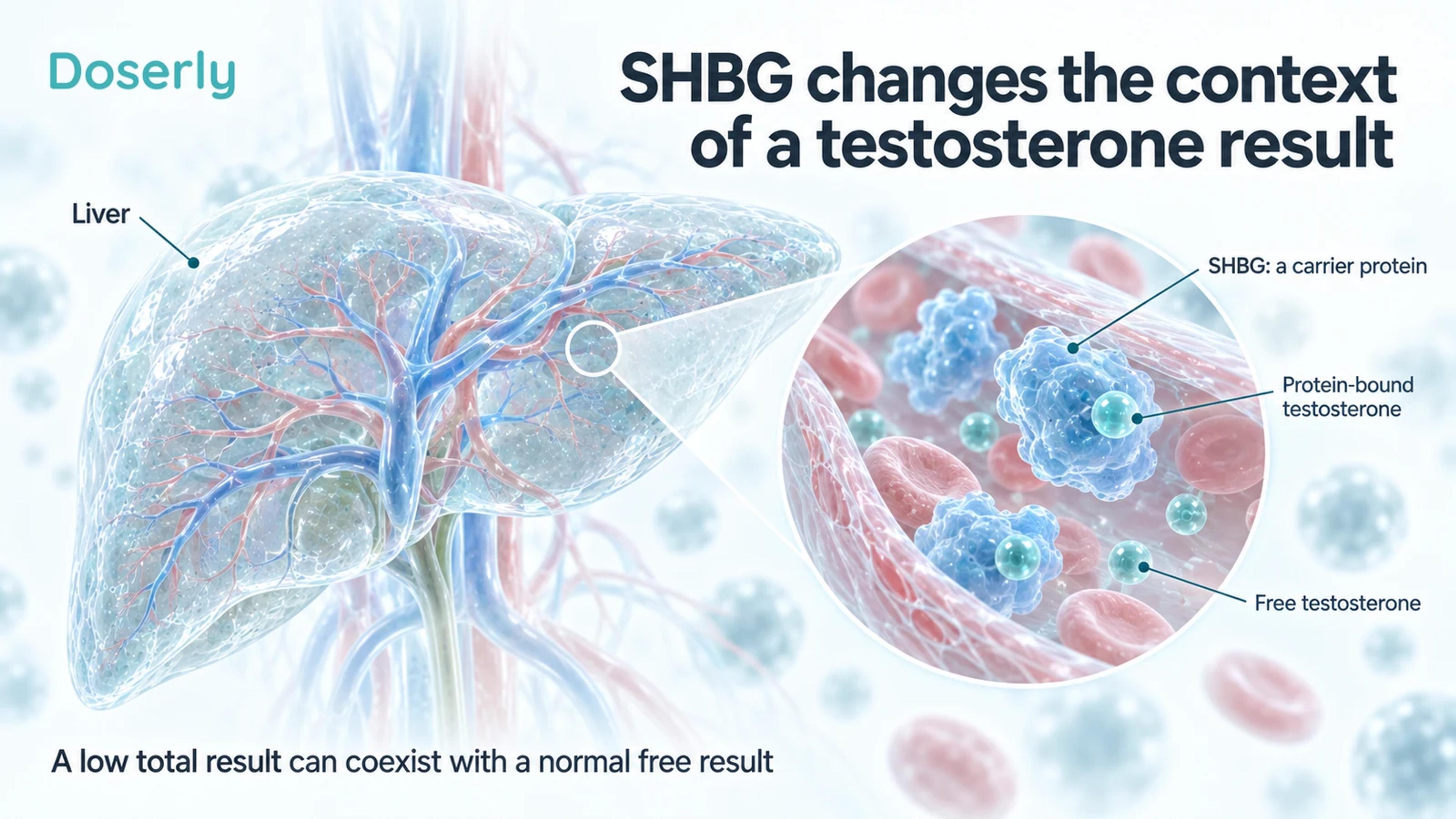 Translucent liver and enlarged blood vessel showing SHBG-bound and free testosterone.