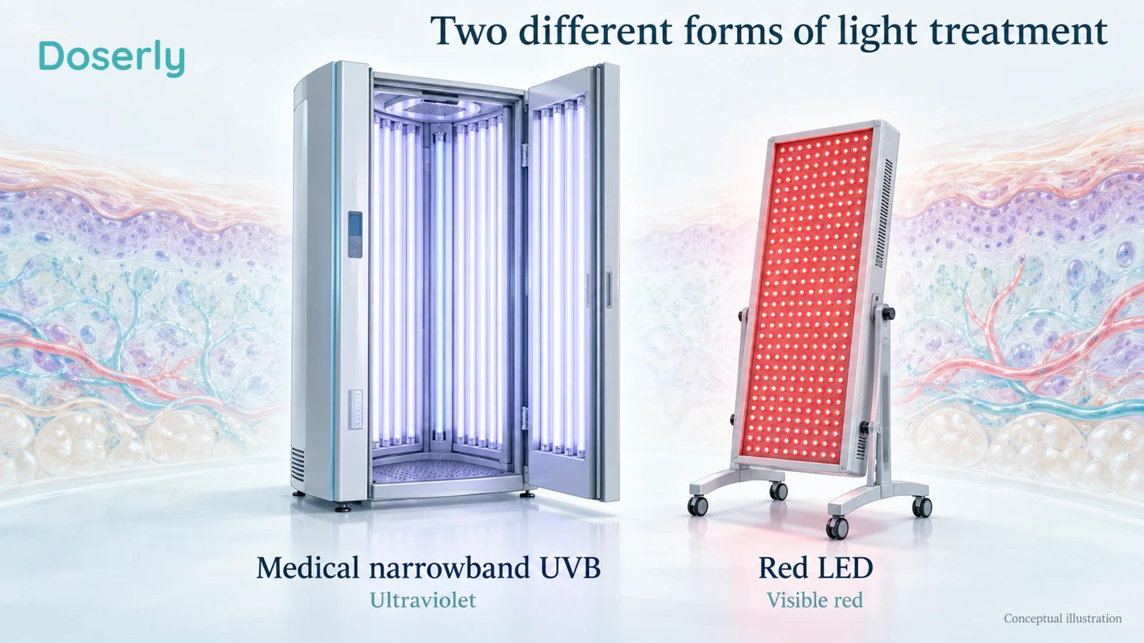 Illustrated medical narrowband UVB cabinet and a separate red LED panel, labeled as different light sources.