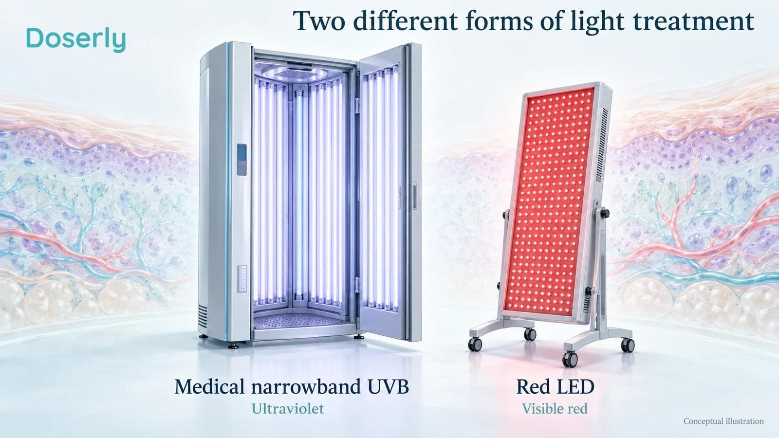 Illustrated medical narrowband UVB cabinet and a separate red LED panel, labeled as different light sources.