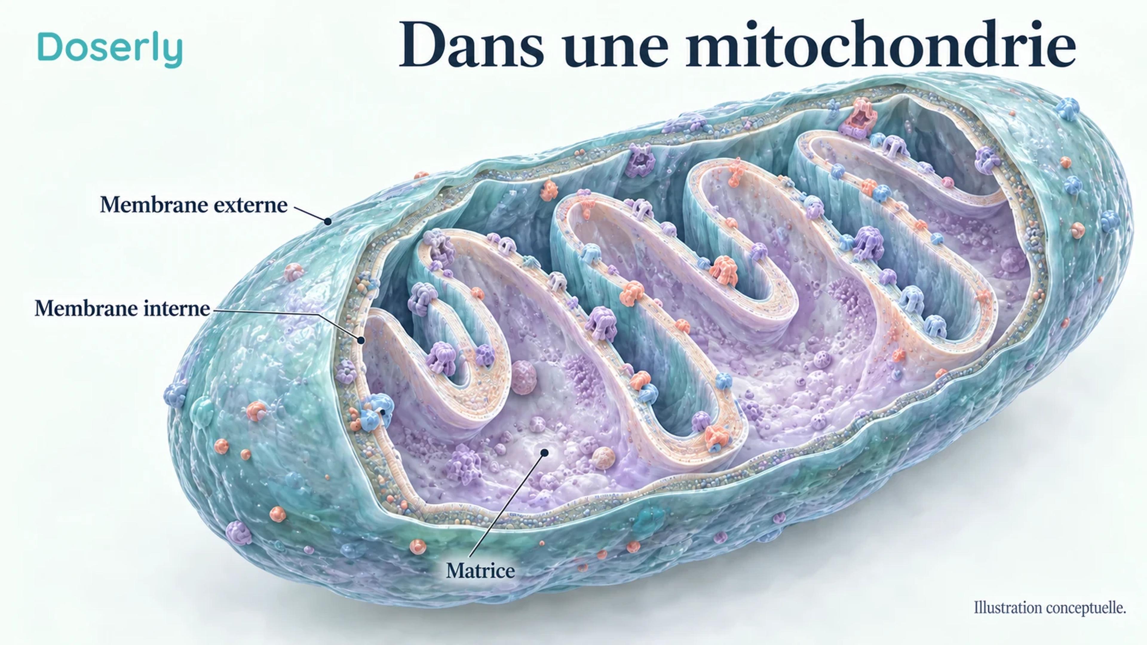 Schéma conceptuel de l’anatomie mitochondriale distinguant la membrane externe, la membrane interne repliée et la matrice, sans représenter un effet thérapeutique.