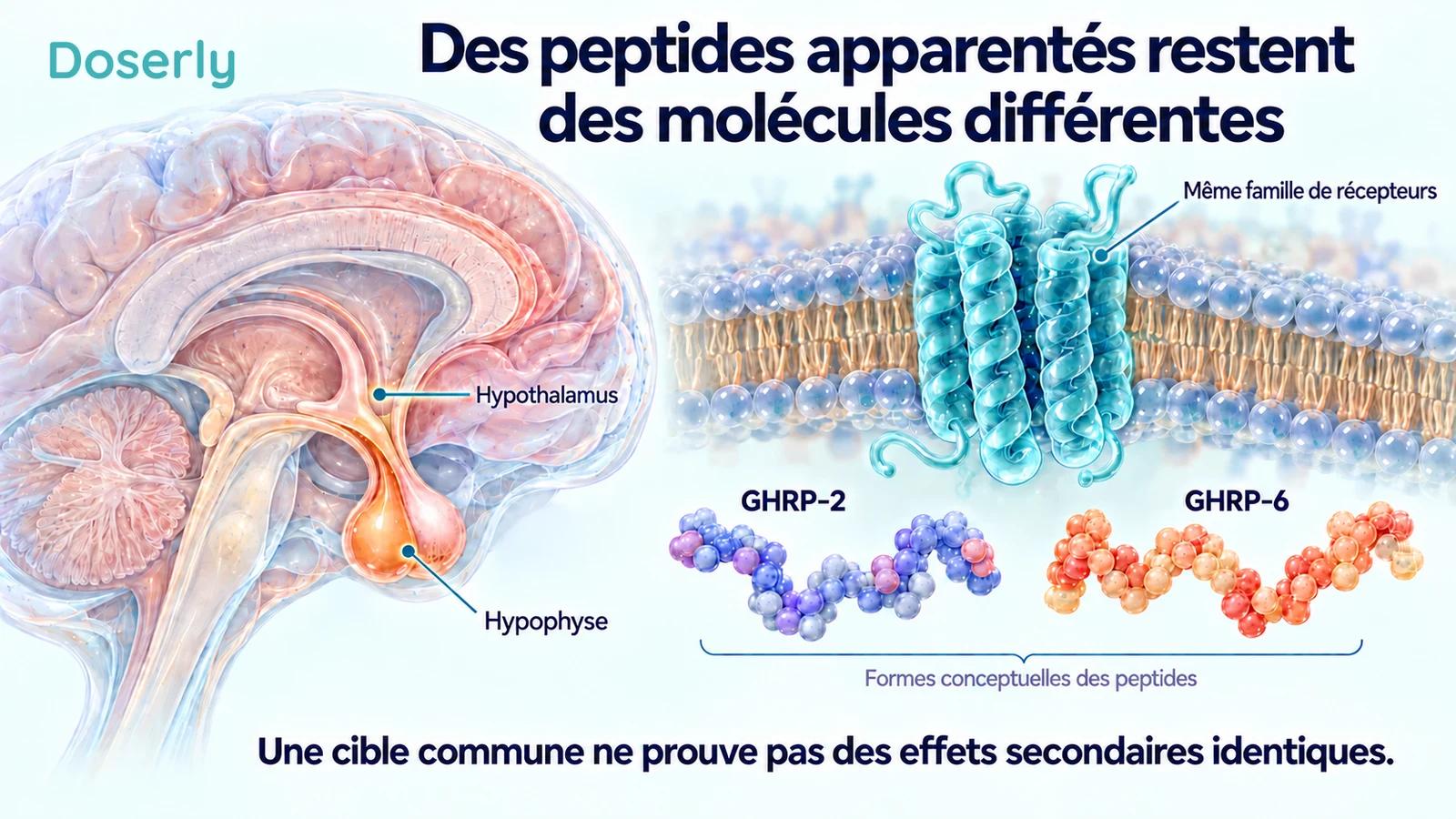 Formes conceptuelles distinctes des peptides GHRP-2 et GHRP-6 à côté d’un récepteur membranaire et d’une vue anatomique détaillée de l’hypophyse.