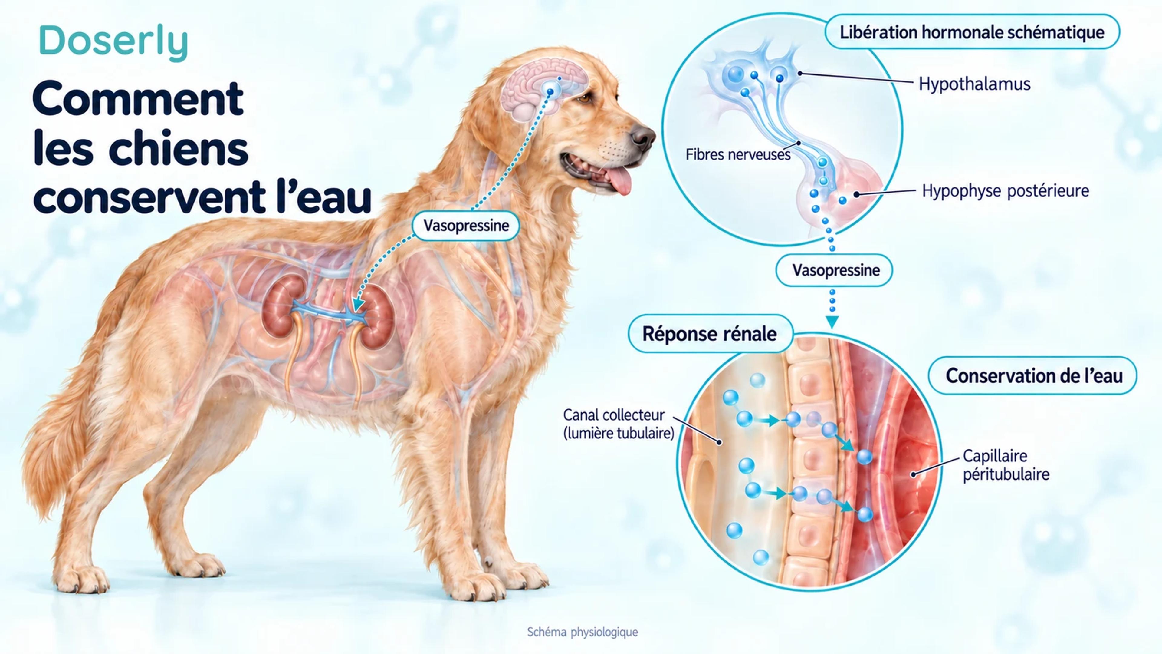 Un chien accompagné d’encadrés schématiques sur la libération hormonale et les reins, montrant la signalisation de la vasopressine et la conservation de l’eau.