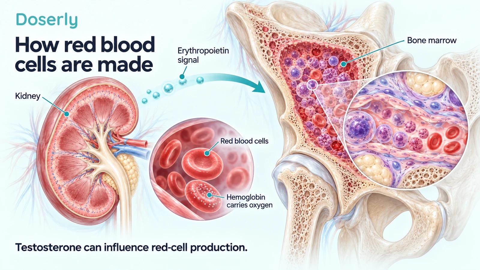 Kidney signaling to bone marrow beside magnified red blood cells and their oxygen-carrying hemoglobin.