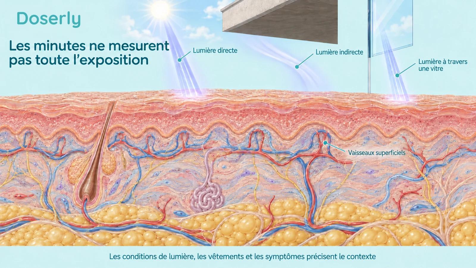Coupe détaillée de la peau sous des trajets conceptuels de lumière directe, indirecte et traversant une vitre.