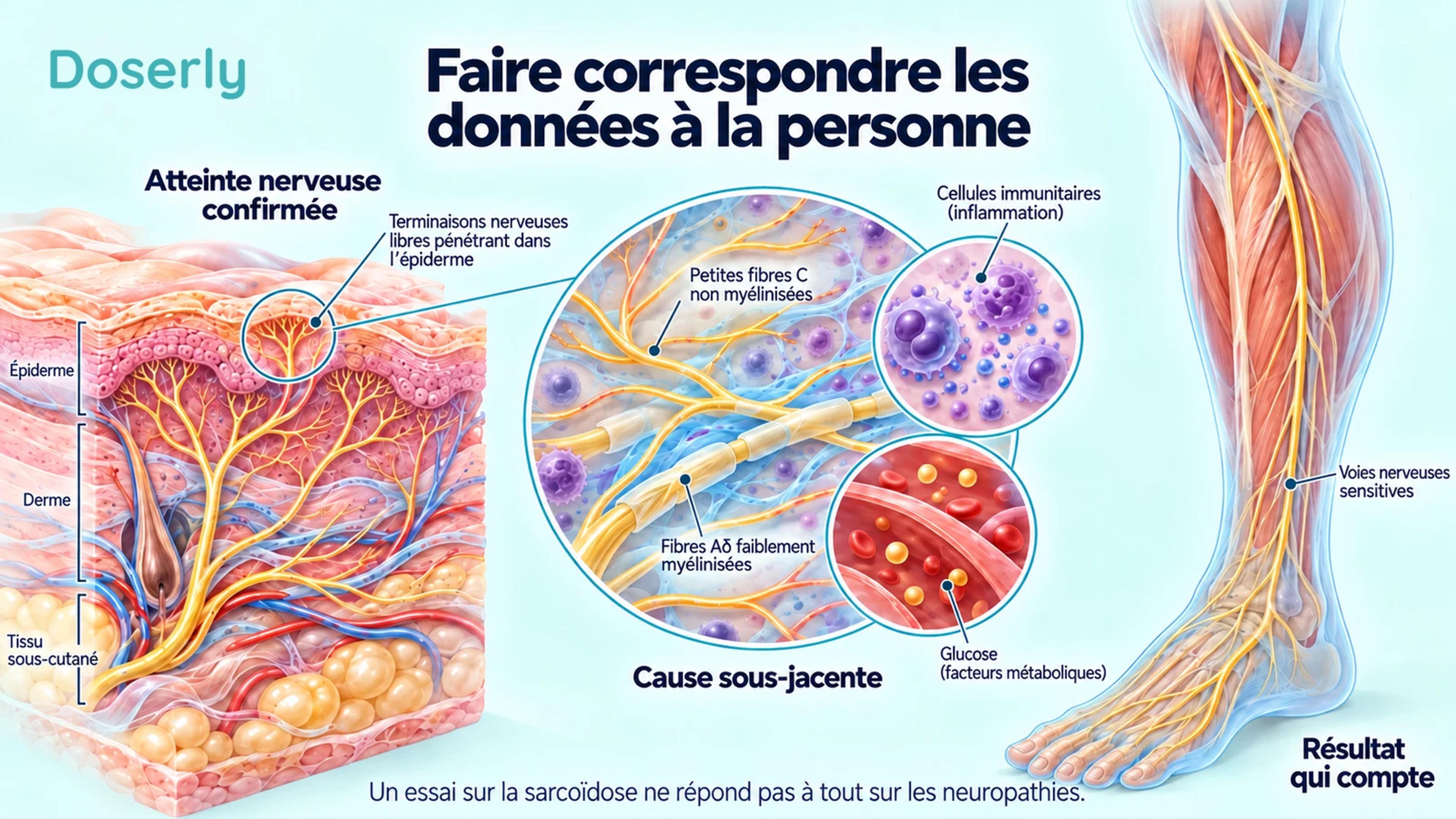 Des détails de la peau, des fibres nerveuses périphériques et un bas de jambe translucide illustrent le diagnostic, la cause sous-jacente et les résultats qui comptent.