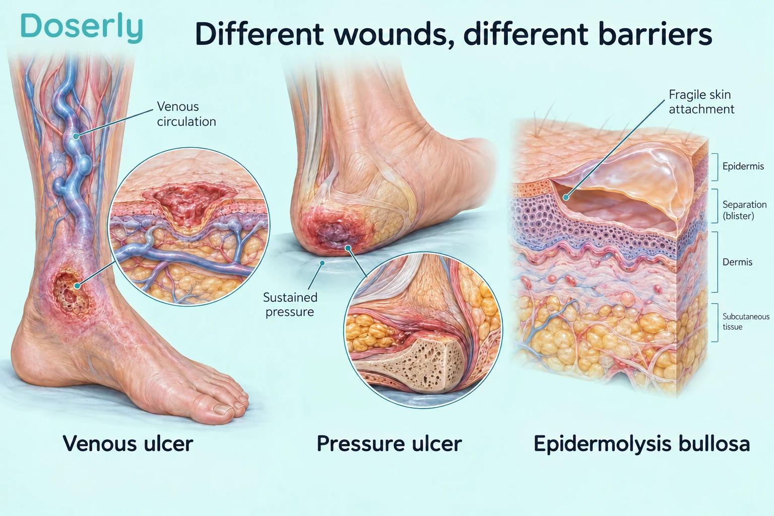 Three anatomical illustrations distinguish venous circulation, pressure over the heel, and fragile attachment between skin layers.