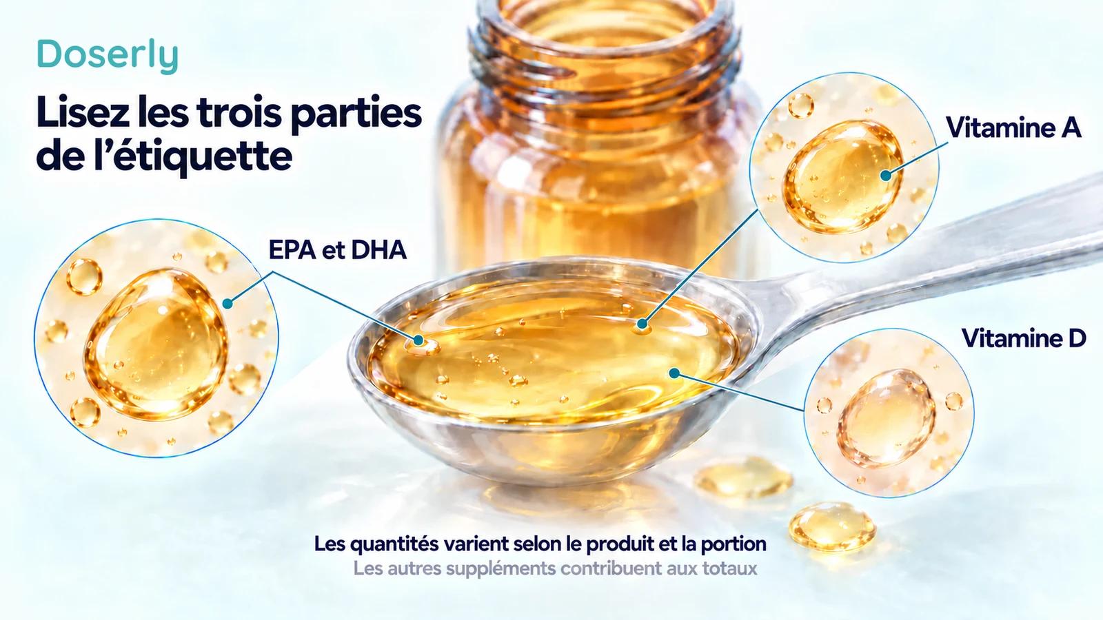 Cuillerée mesurée d’huile de foie de morue avec trois annotations distinctes pour l’EPA et le DHA, la vitamine A et la vitamine D