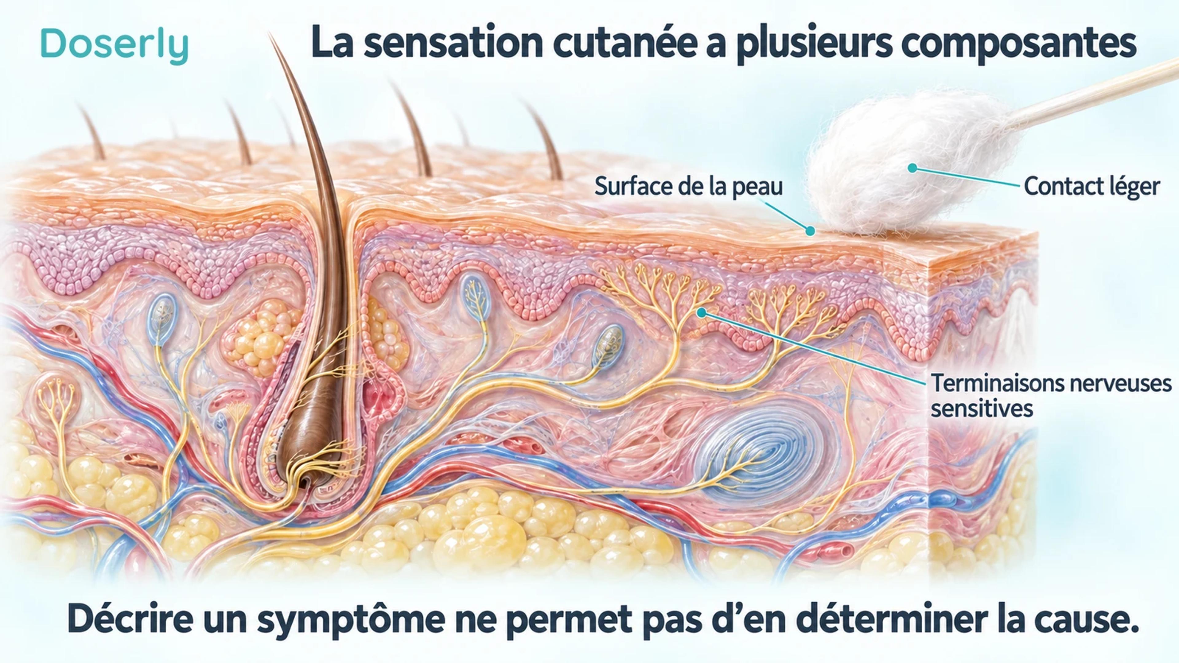 Coupe détaillée de la peau montrant des terminaisons nerveuses sensitives intactes et un léger contact avec du coton