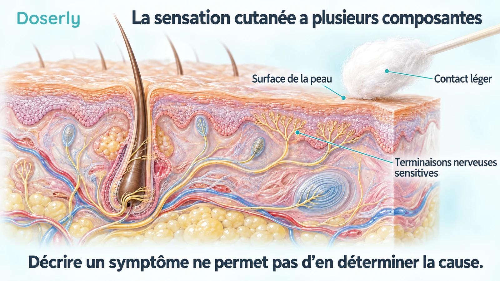 Coupe détaillée de la peau montrant des terminaisons nerveuses sensitives intactes et un léger contact avec du coton