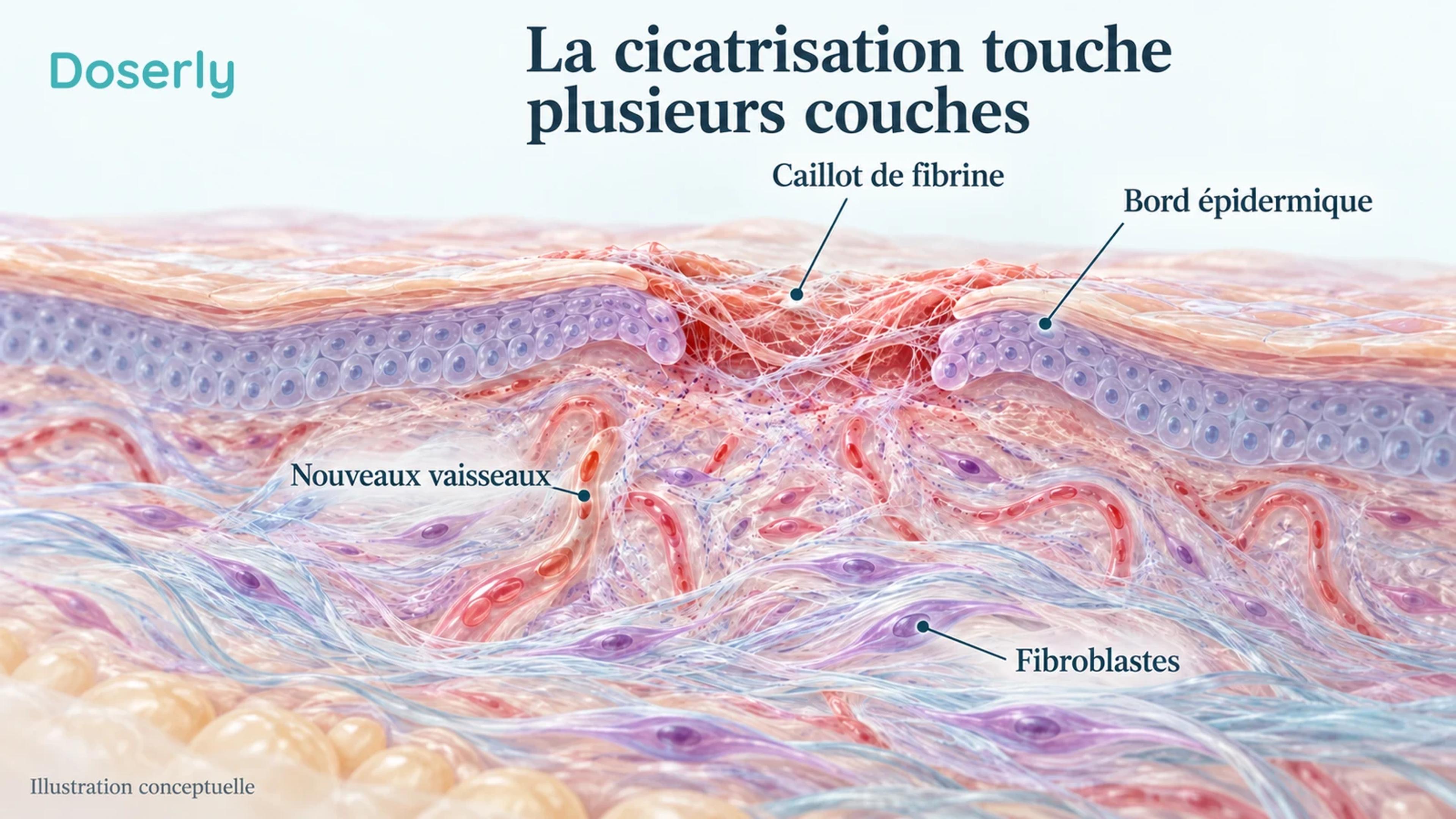 Vue en coupe conceptuelle d’une plaie cutanée montrant un caillot de fibrine en surface, des bords épidermiques en migration, de petits vaisseaux dermiques et des fibroblastes.