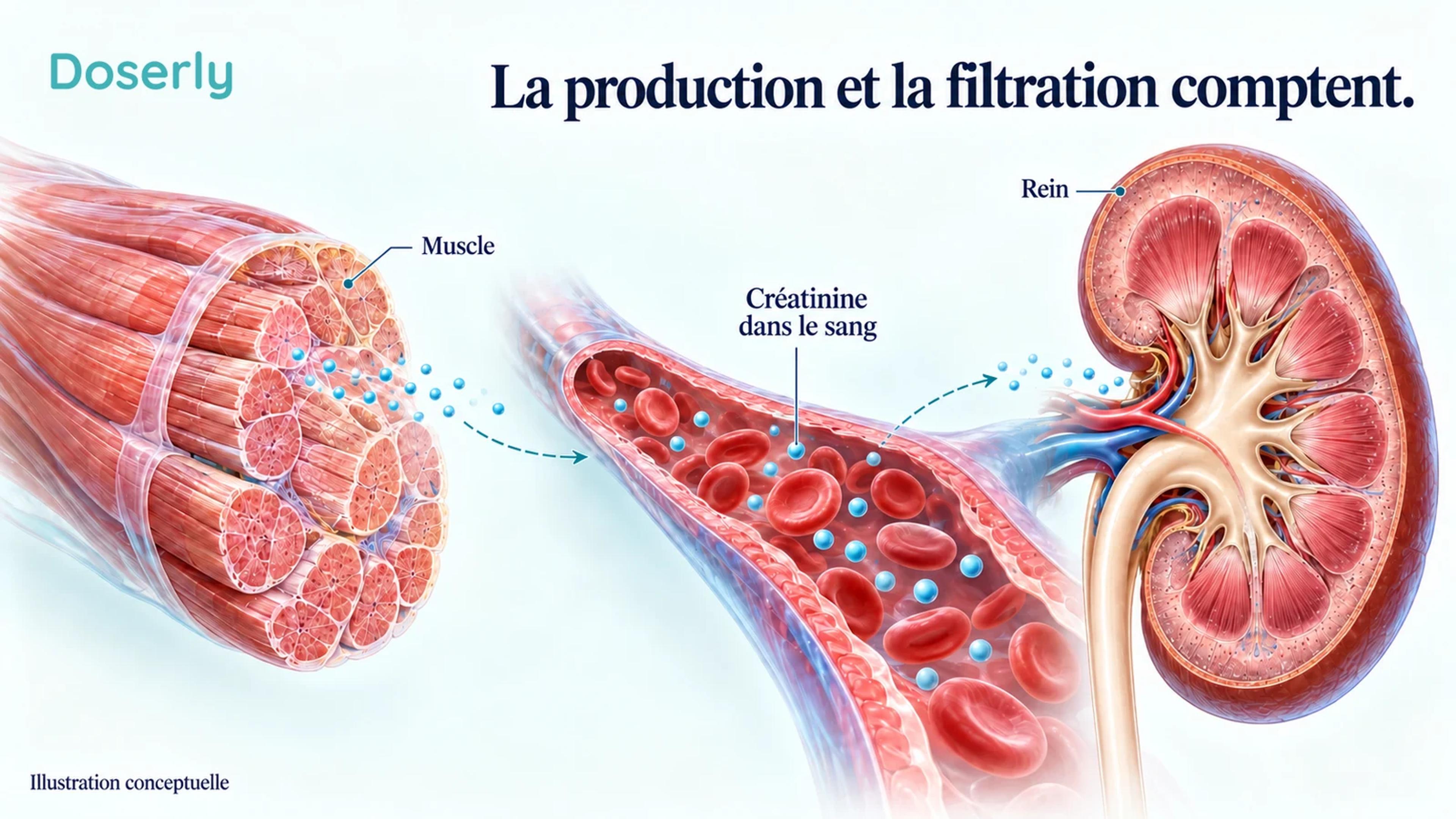 Un muscle squelettique, du sang en circulation et un rein illustrent la production et l’élimination de la créatinine.