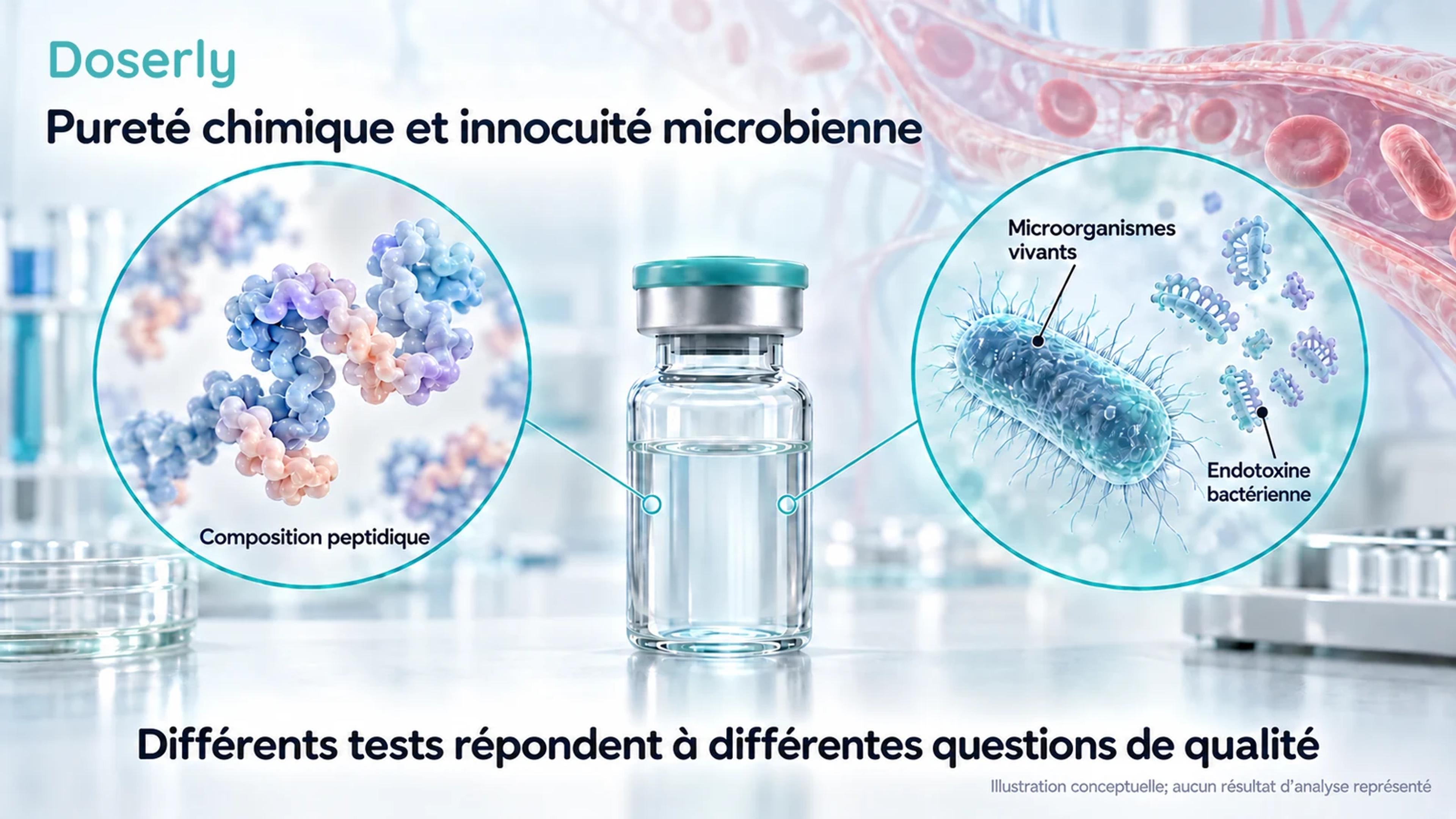 Une fiole d’échantillon scellée, avec des illustrations agrandies distinctes de matière peptidique, d’une bactérie et de composants bactériens.