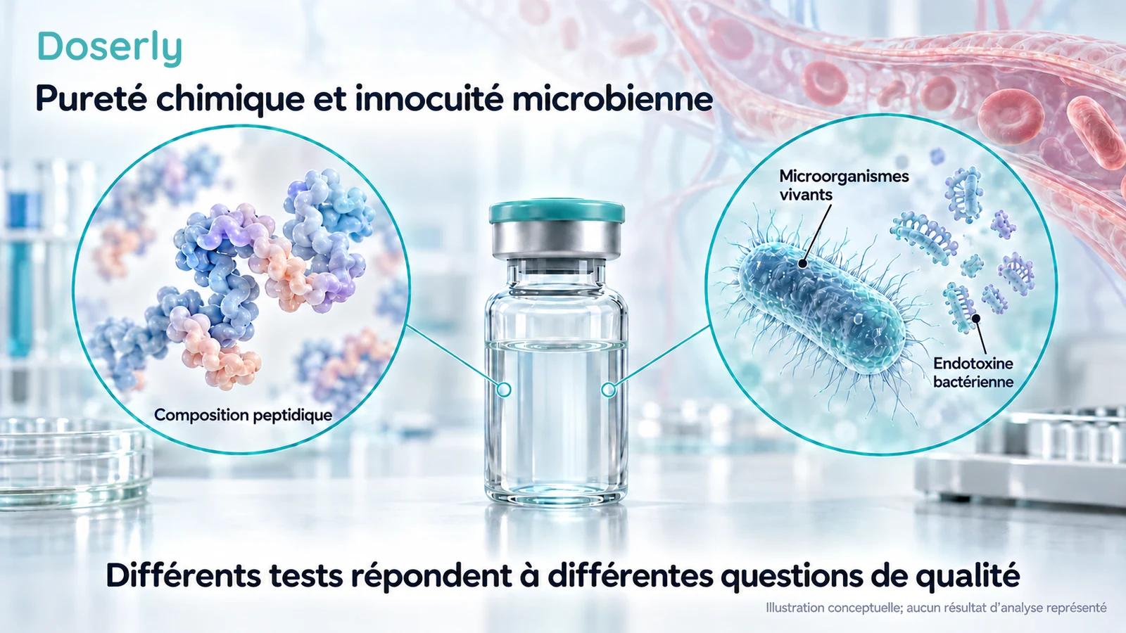 Une fiole d’échantillon scellée, avec des illustrations agrandies distinctes de matière peptidique, d’une bactérie et de composants bactériens.