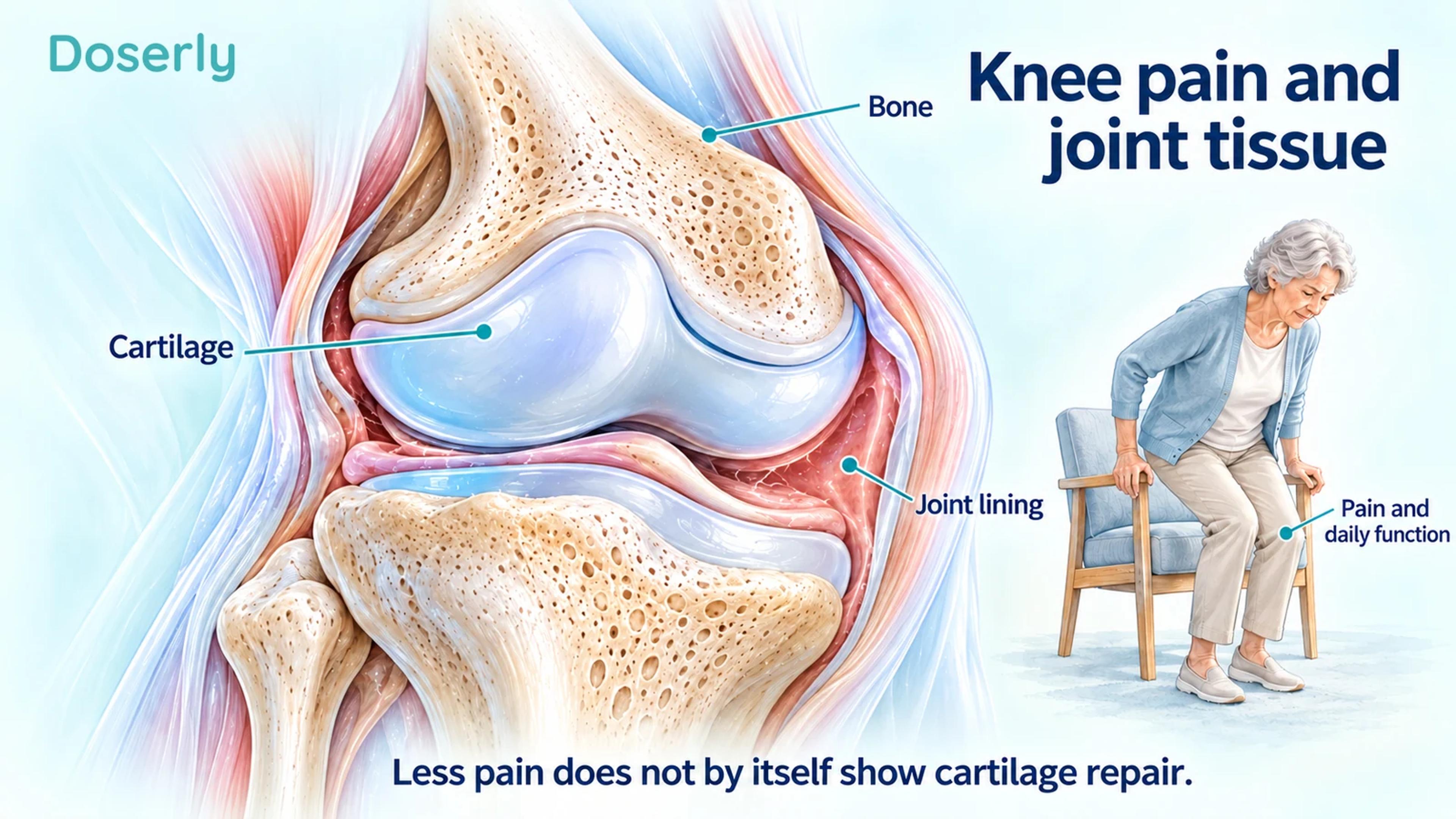 Detailed illustrated knee cutaway with cartilage, bone and joint lining beside a small illustrated adult rising from a chair.