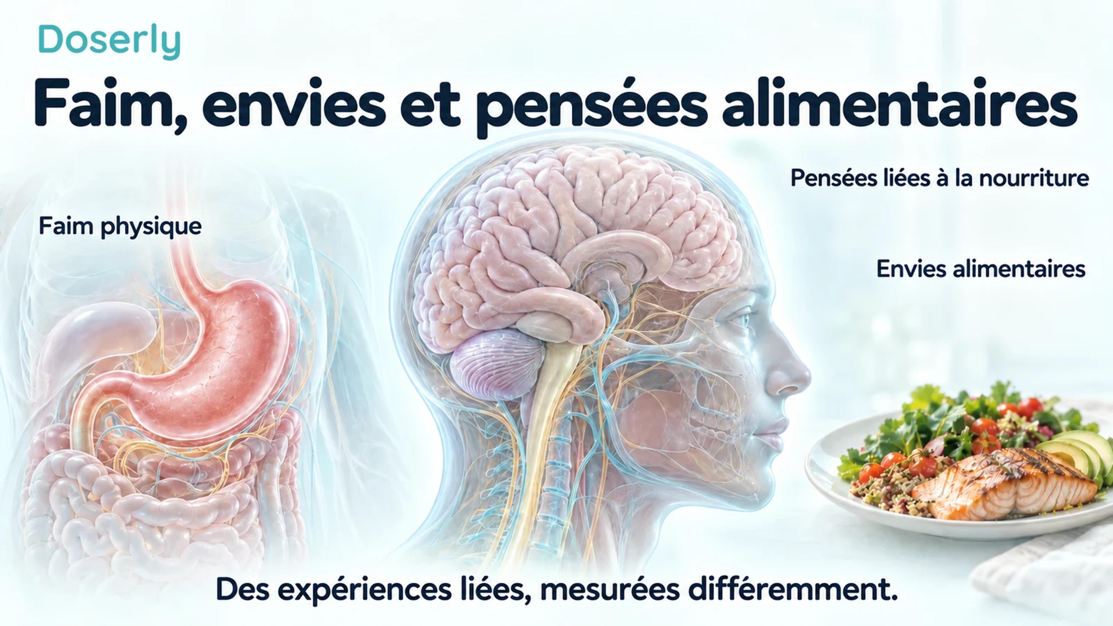 Anatomie du cerveau et de l’estomac à côté d’étiquettes distinctes pour la faim physique, les envies alimentaires et les pensées liées à la nourriture.