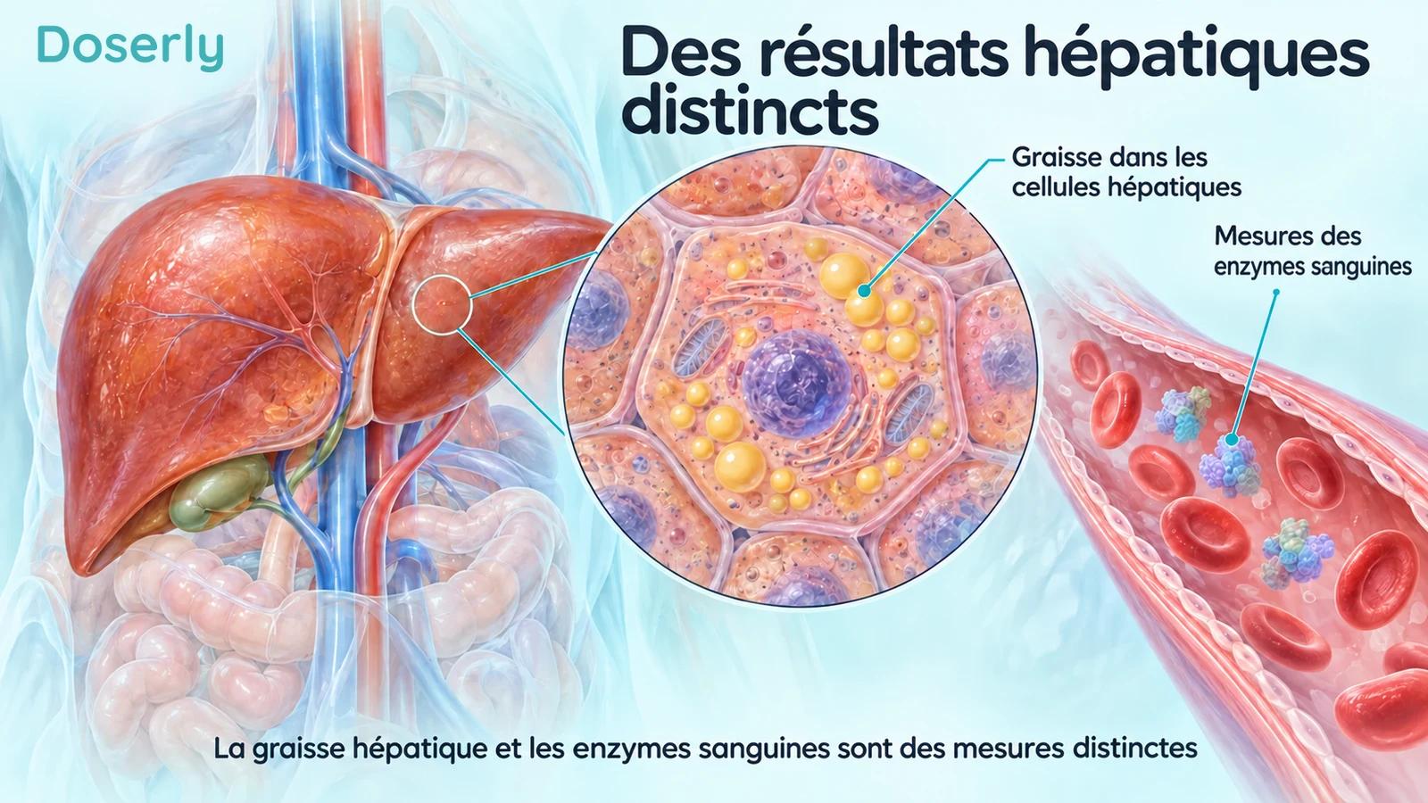 Foie et cellules hépatiques agrandies contenant de la graisse, à côté d’un vaisseau sanguin illustrant des mesures distinctes des enzymes.
