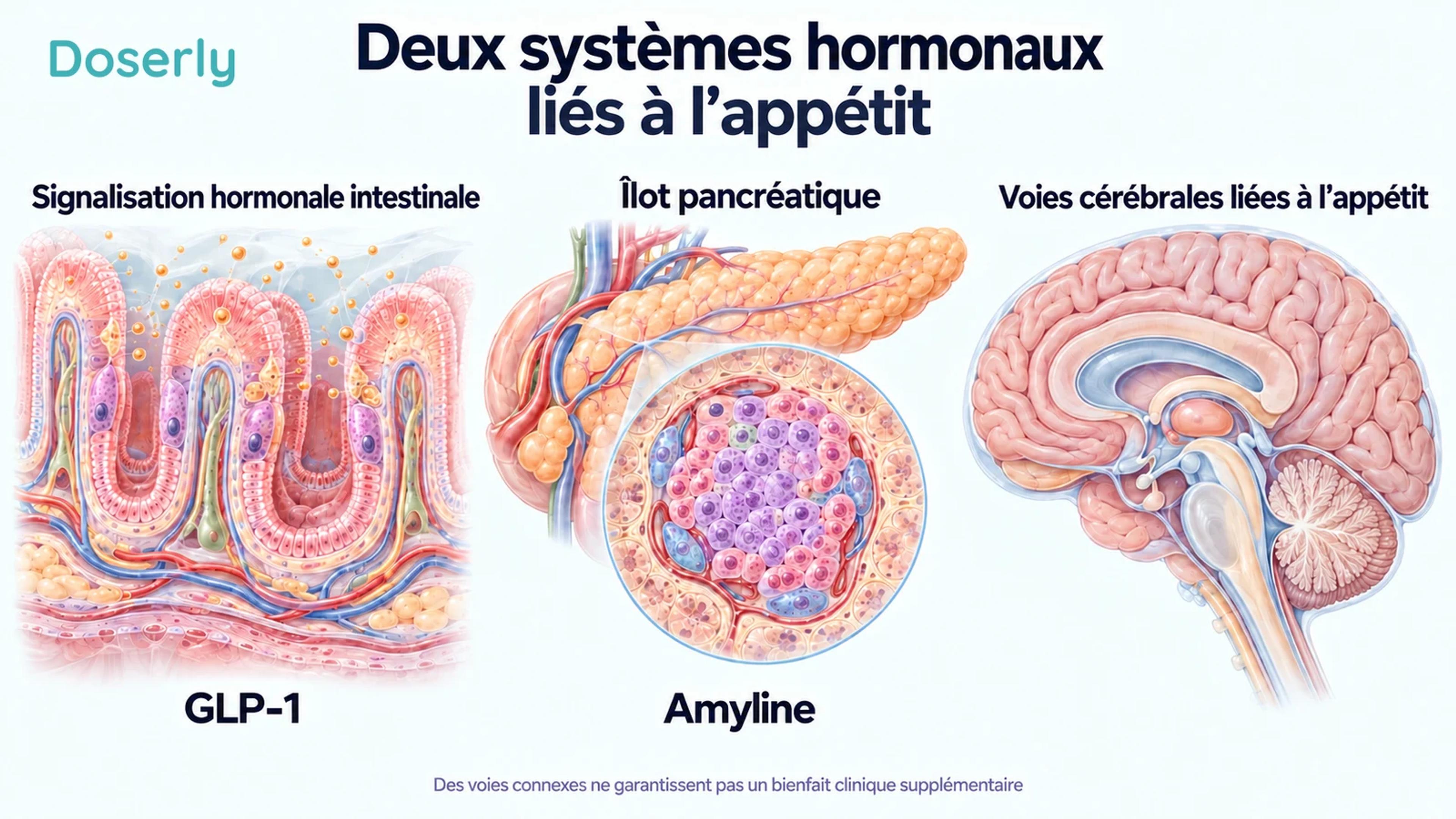 Des vues distinctes de type atlas médical des villosités intestinales, d’un îlot pancréatique et du cerveau en coupe sagittale présentent le GLP-1, l’amyline et la régulation de l’appétit.