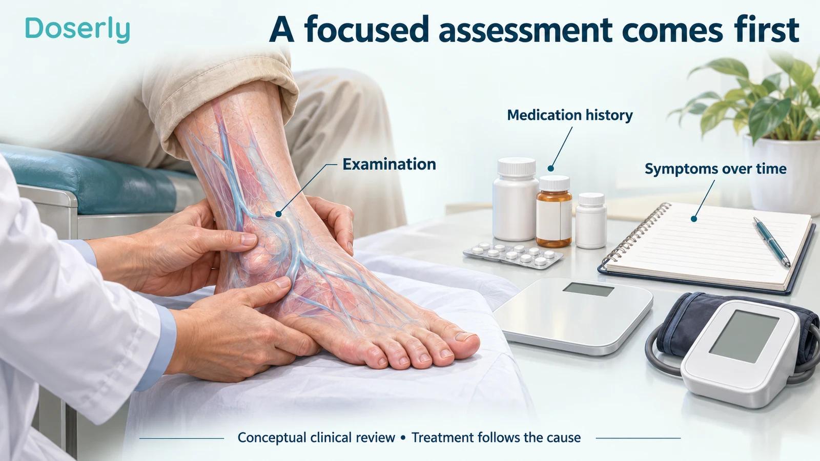 A clinician examines an ankle beside a medicine list, scale and blood-pressure cuff.