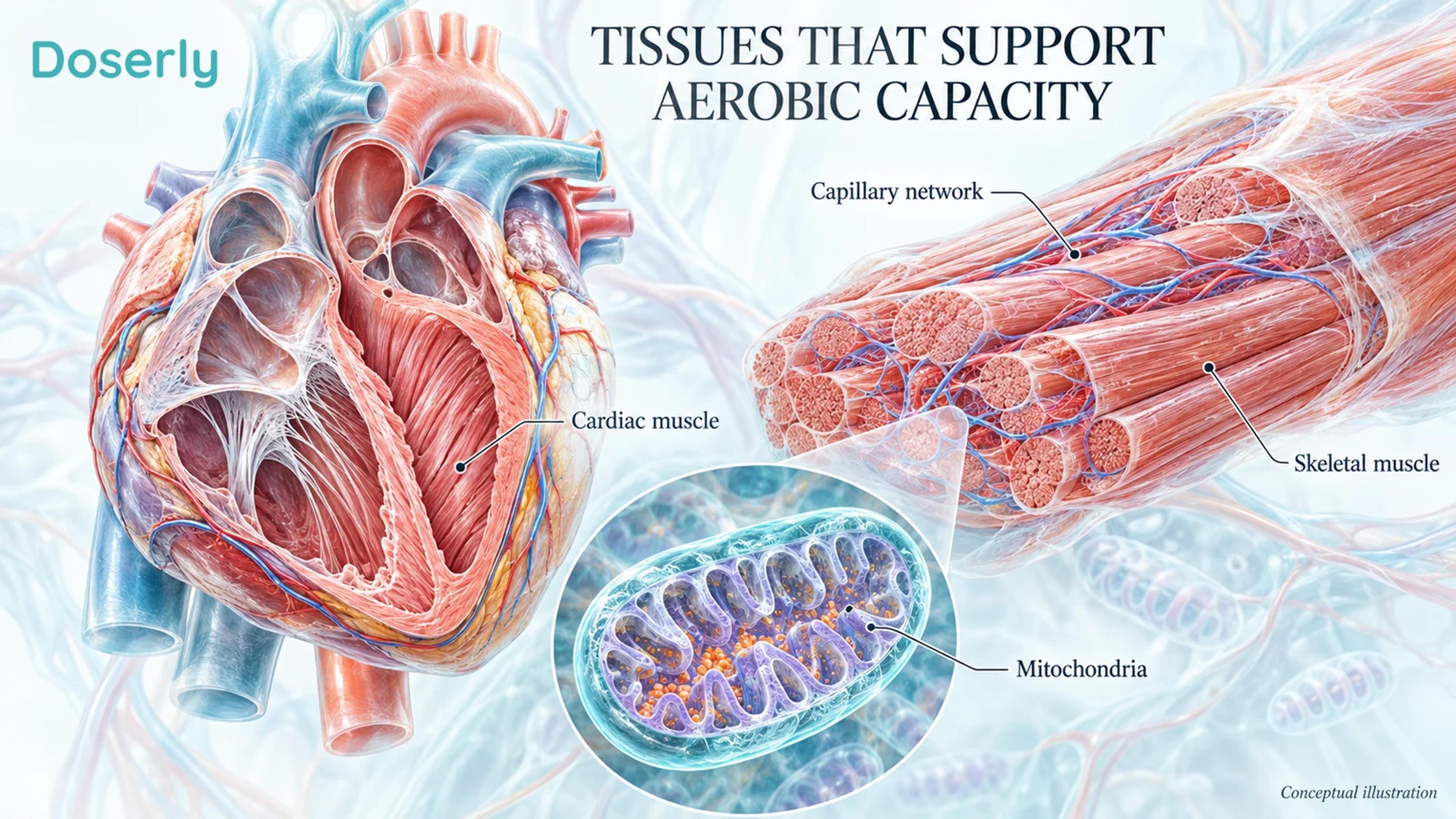 Conceptual heart and skeletal-muscle detail showing tissues involved in aerobic exercise.