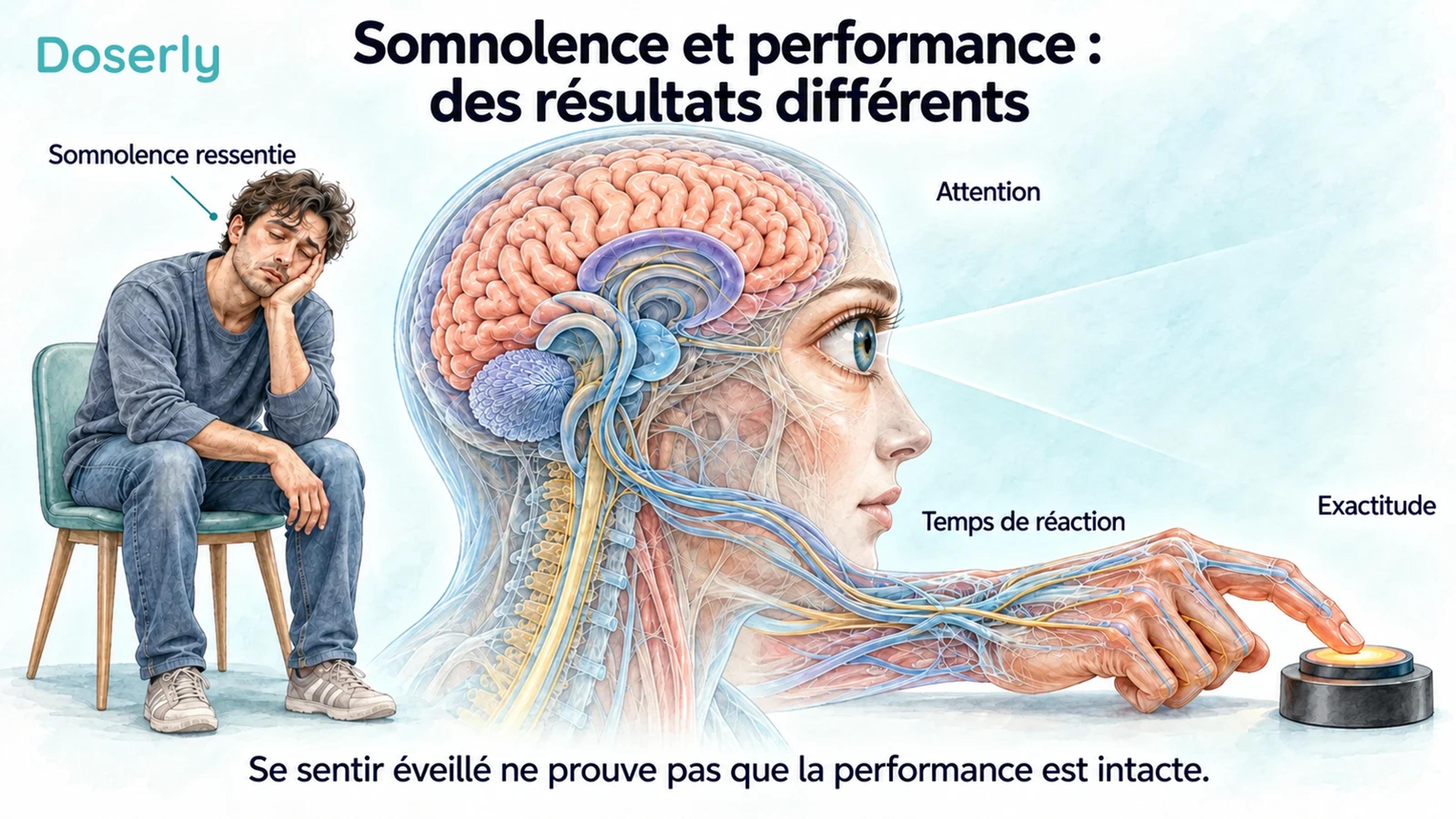 Un adulte fatigué et une tâche de réponse faisant intervenir l’œil, le cerveau et la main illustrent la somnolence subjective, l’attention, le temps de réaction et l’exactitude.