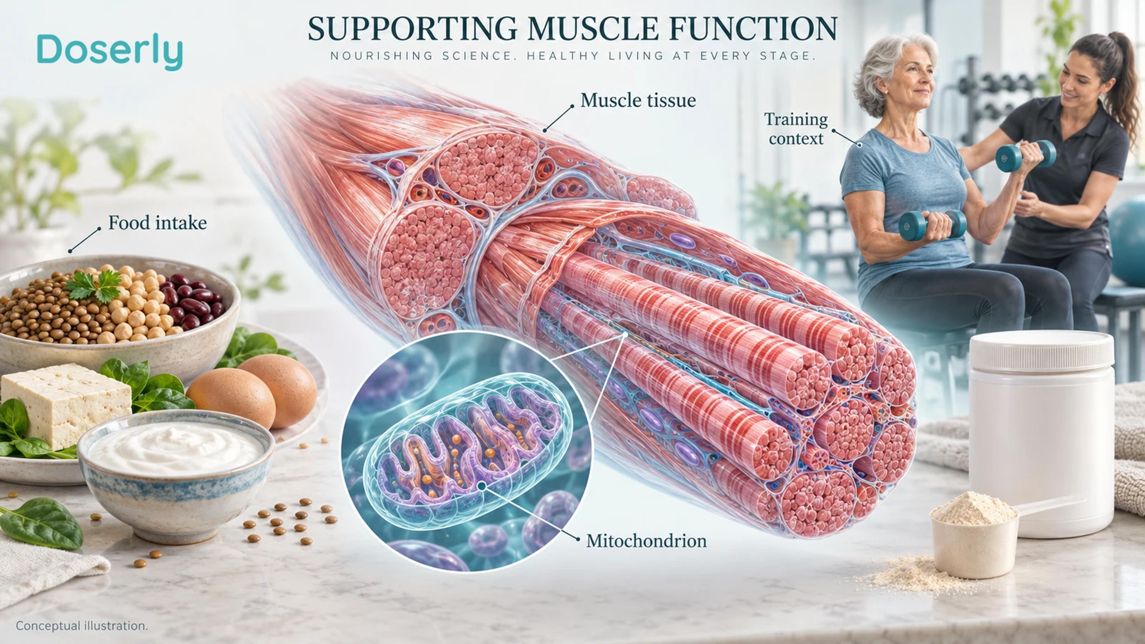 Detailed skeletal muscle fiber and ordinary protein-containing foods beside a small unbranded supplement container.