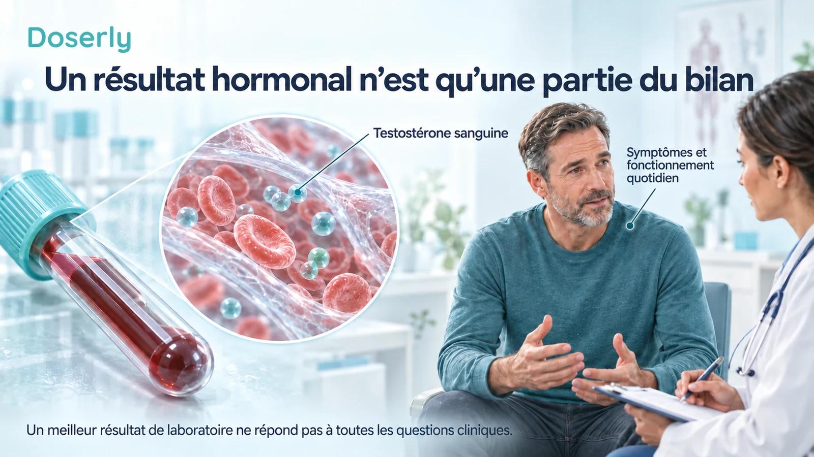 Illustration agrandie d’un vaisseau sanguin à côté d’un patient adulte qui discute de ses symptômes avec un clinicien.
