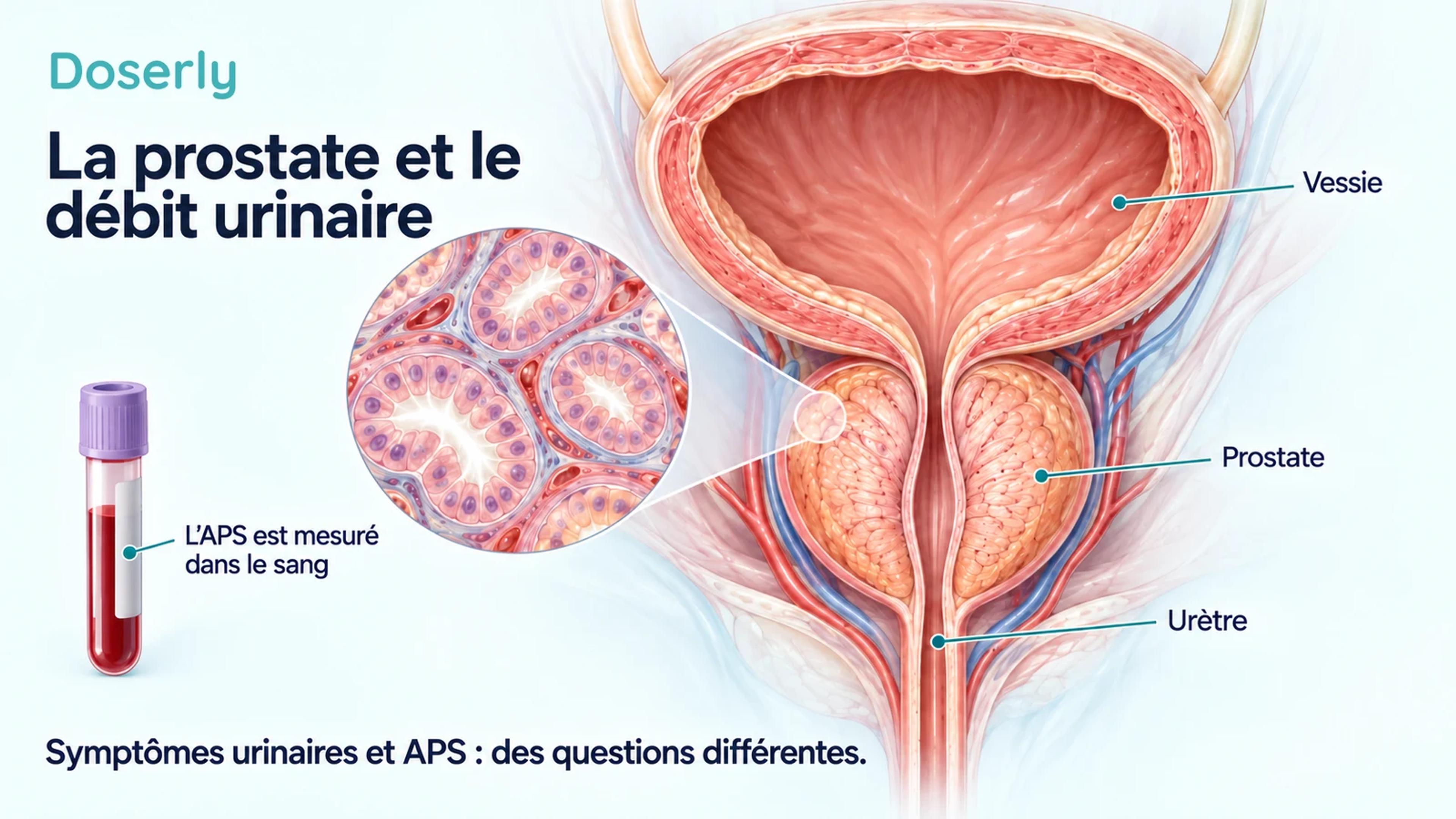 Vue en coupe de la vessie et de la prostate montrant l’urètre traversant la glande, à côté d’un échantillon sanguin distinct symbolisant le test d’APS.
