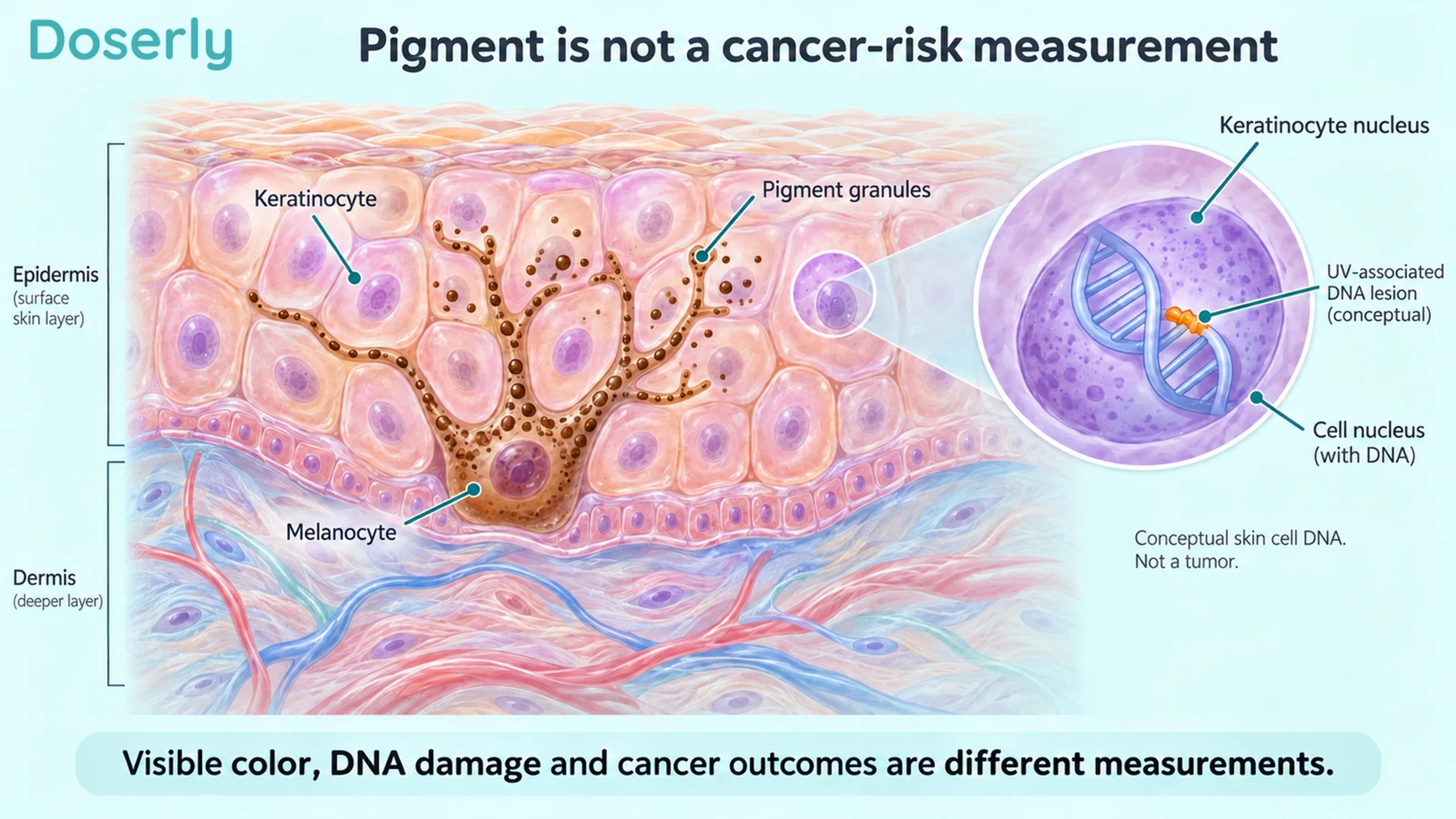 Skin cross-section showing melanocytes, pigment granules and a separate conceptual skin-cell DNA inset.