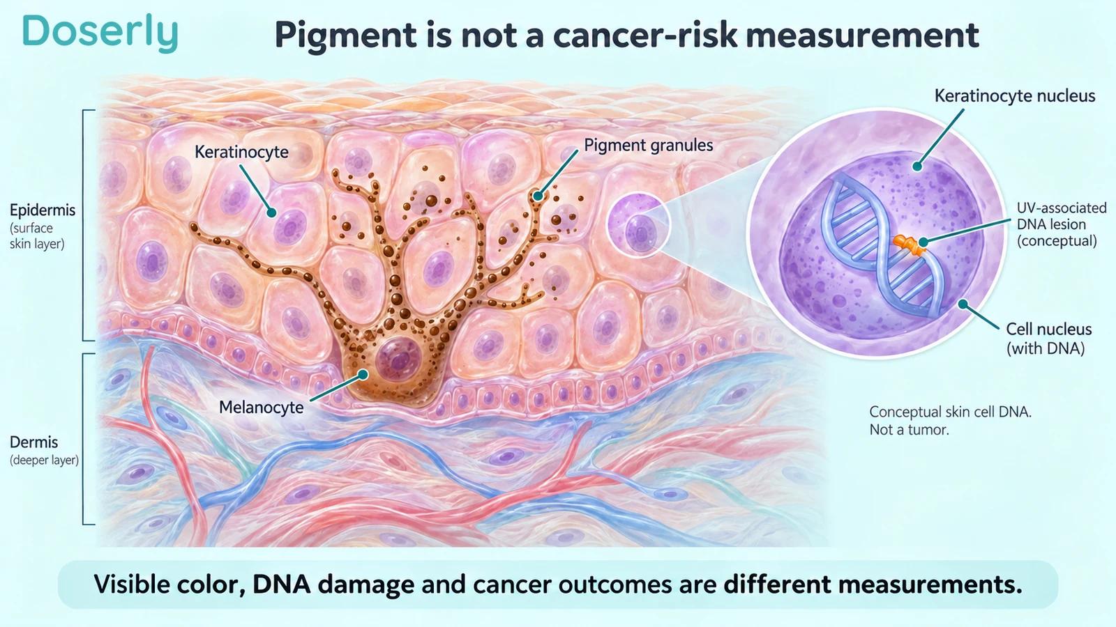 Skin cross-section showing melanocytes, pigment granules and a separate conceptual skin-cell DNA inset.