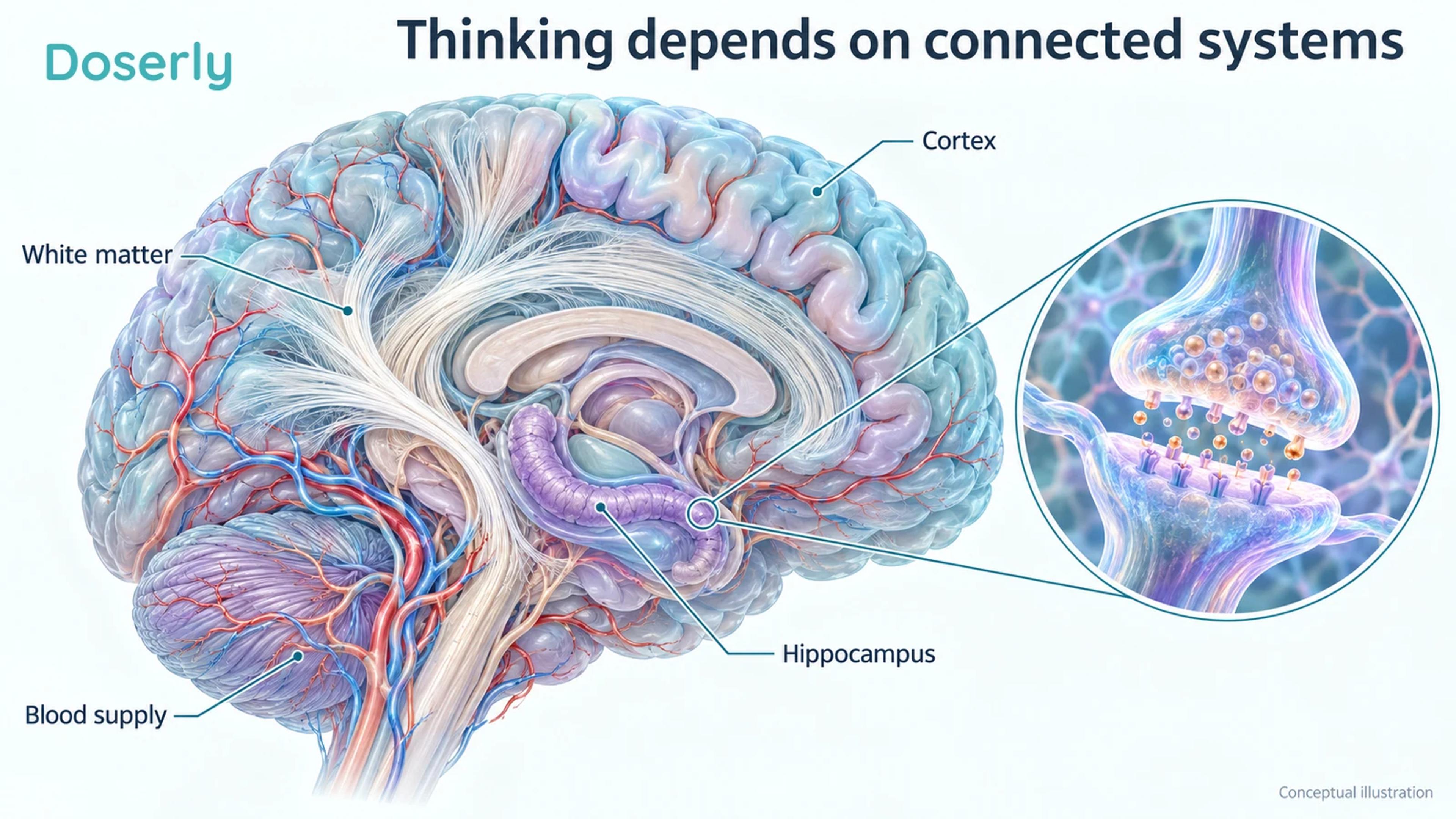 Conceptual brain cutaway showing cortex, hippocampus, white matter and blood supply with a synapse inset.