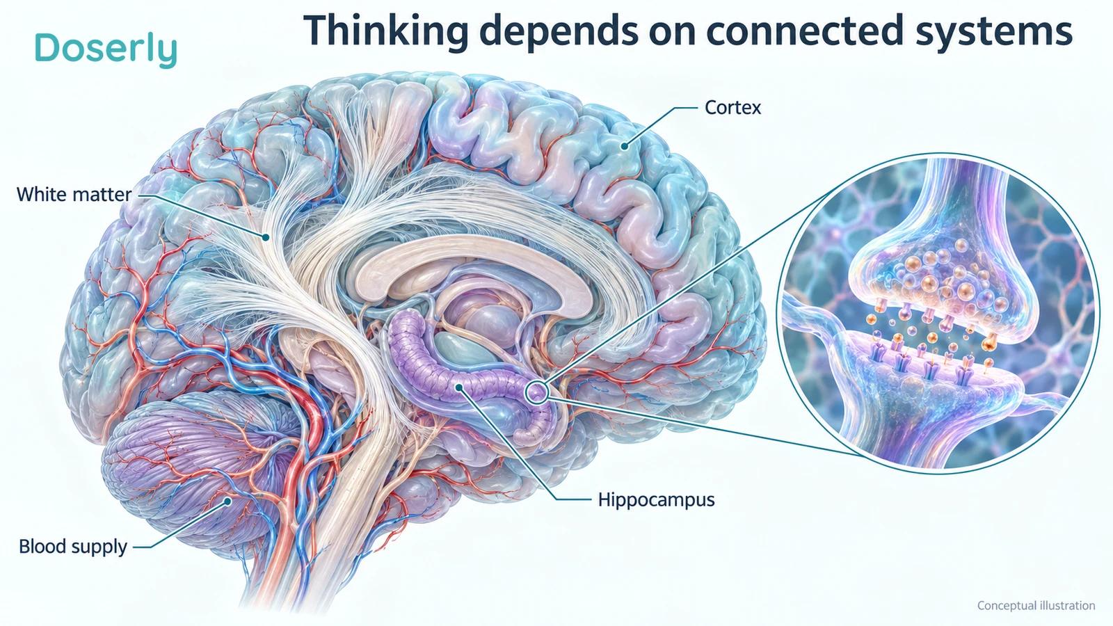 Conceptual brain cutaway showing cortex, hippocampus, white matter and blood supply with a synapse inset.