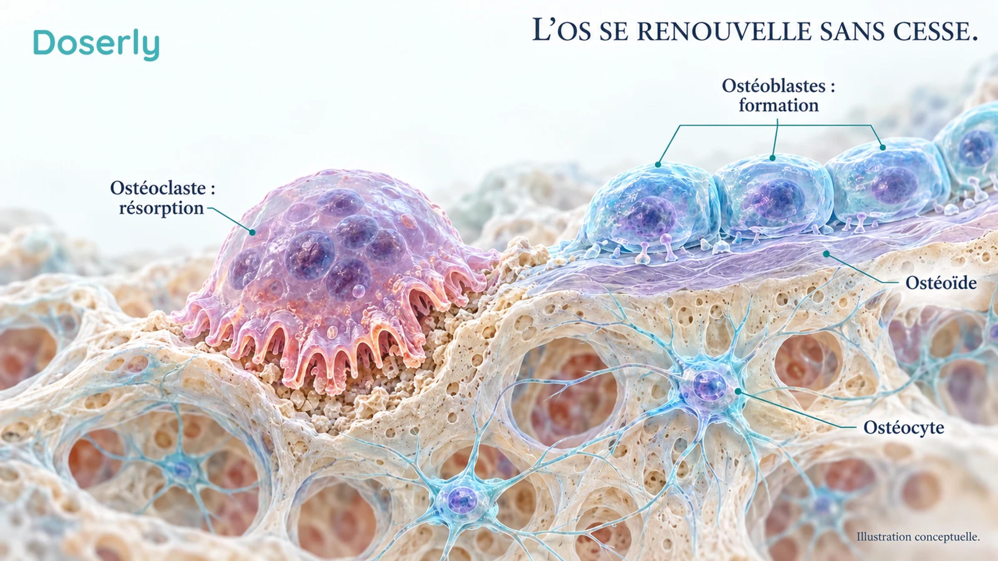 Surface détaillée de remodelage osseux montrant une zone de résorption par les ostéoclastes, la formation osseuse par les ostéoblastes et des ostéocytes dans la matrice minéralisée