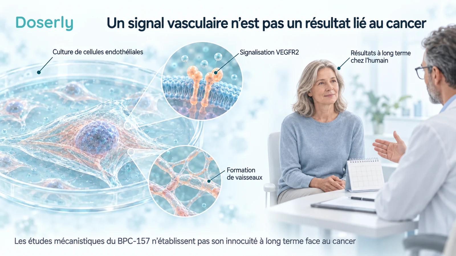 Une culture de cellules endothéliales avec un encadré montrant un récepteur, à côté d’un adulte qui discute des résultats à long terme avec un clinicien.