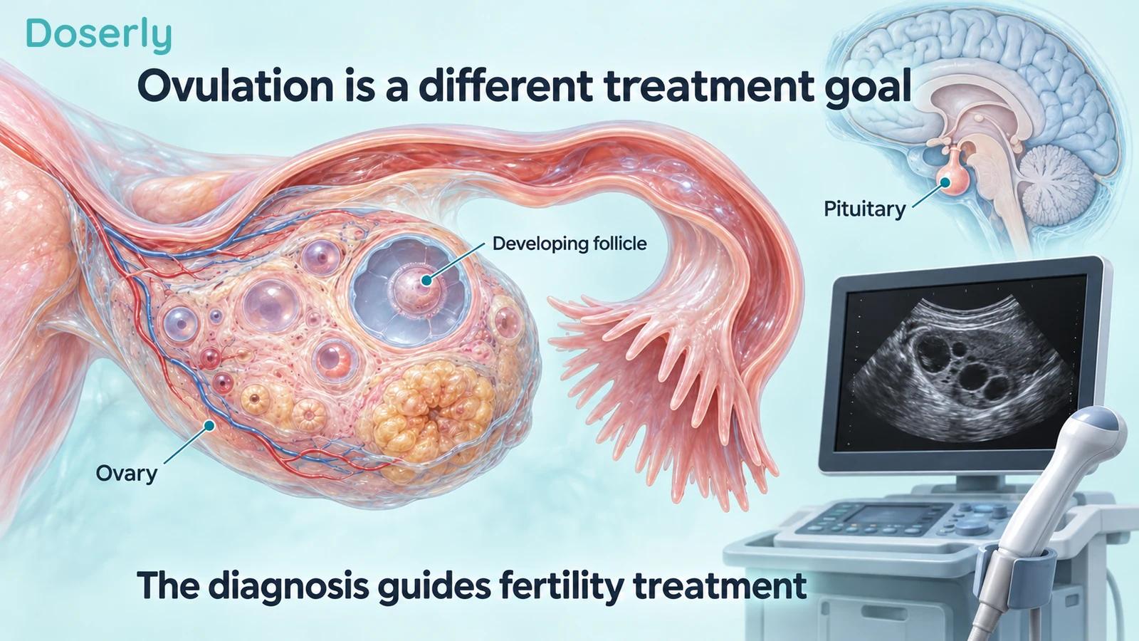 Detailed ovary with developing follicles and adjacent fallopian tube, a pituitary anatomy inset and an illustrative ultrasound examination.