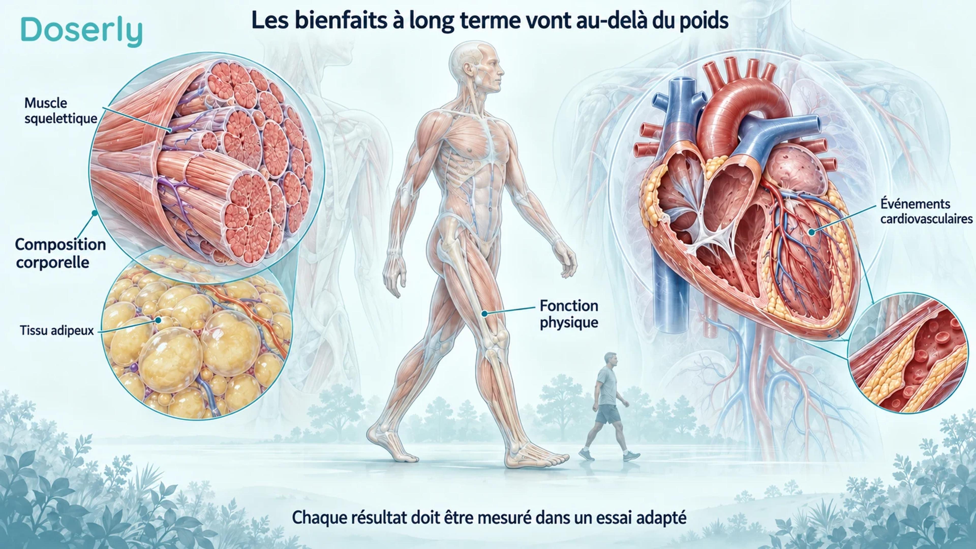 Des tissus musculaires et adipeux détaillés, l’anatomie de la marche et une coupe du cœur illustrent différents résultats à long terme.