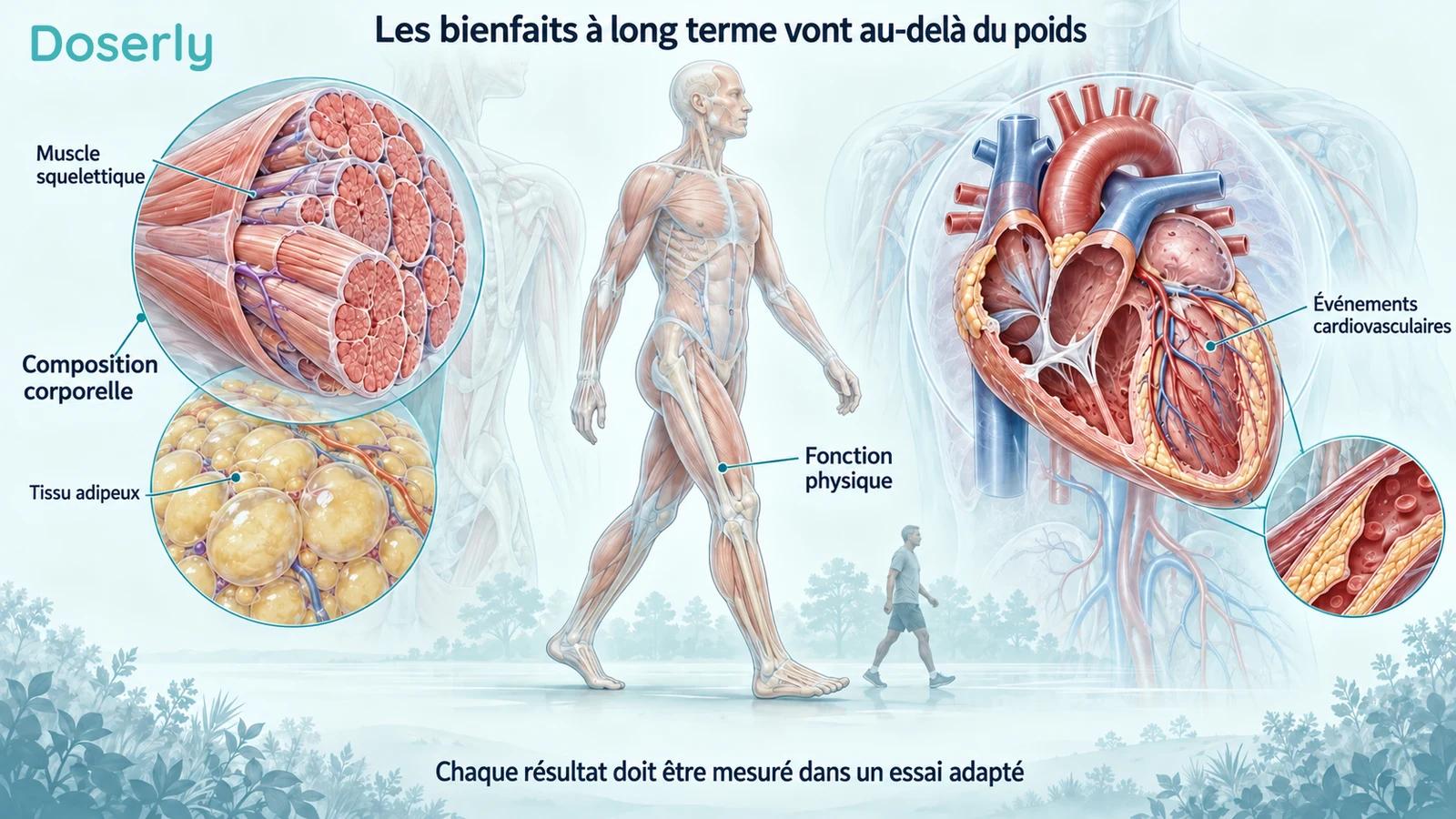 Des tissus musculaires et adipeux détaillés, l’anatomie de la marche et une coupe du cœur illustrent différents résultats à long terme.