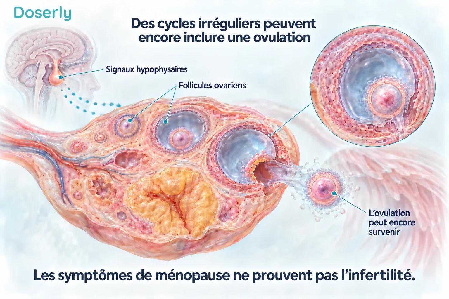 Les signaux hypophysaires, les follicules ovariens et la libération de l’ovule expliquent pourquoi des cycles irréguliers peuvent encore comporter une ovulation.